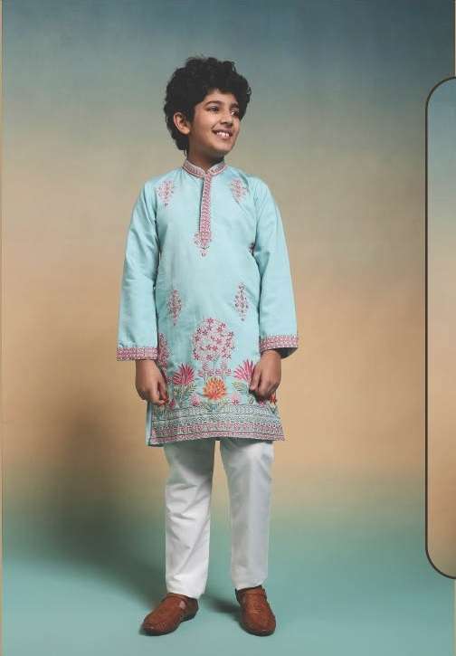 DESIGNER KIDS WEAR KURTA SET VISCOSE SILK SKY BLUE KIDS KURTA PANT SET KF 91124