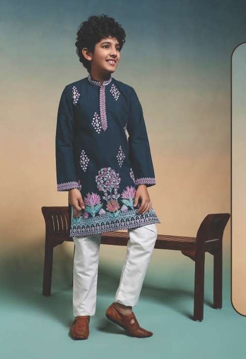 DESIGNER KIDS WEAR KURTA SET VISCOSE SILK TEAL BLUE KIDS KURTA PANT SET KF 91121