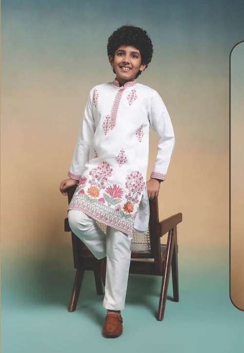 DESIGNER KIDS WEAR KURTA SET VISCOSE SILK WHITE KIDS KURTA PANT SET KF 91122
