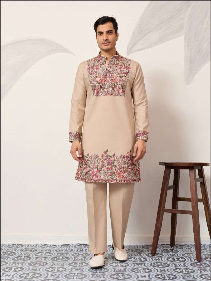 DESIGNER PARTY WEAR READYMADE INDIAN MENS BEIGE VISCOSE SILK KURTA KF 21035
