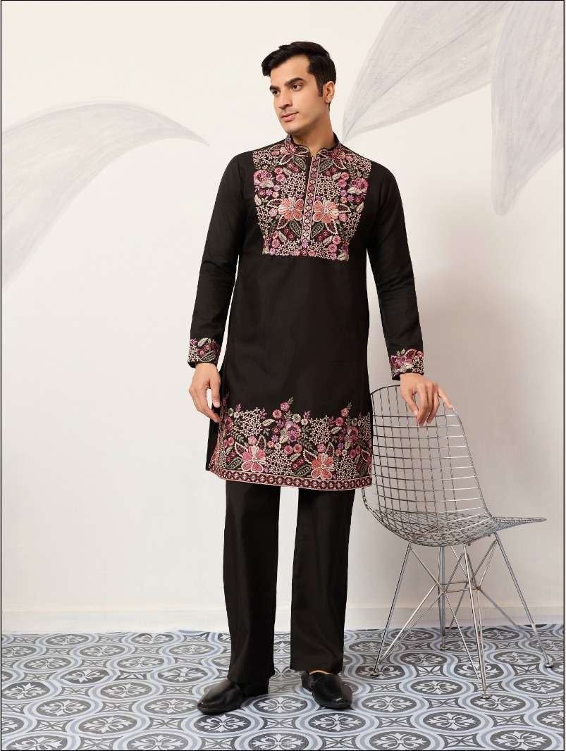 DESIGNER PARTY WEAR READYMADE INDIAN MENS BLACK VISCOSE SILK KURTA KF 21034