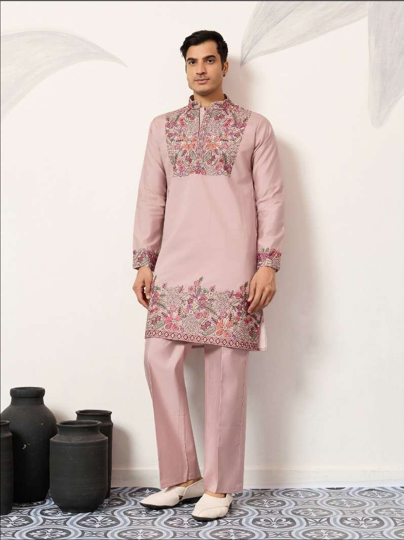 DESIGNER PARTY WEAR READYMADE INDIAN MENS DUSTY PINK VISCOSE SILK KURTA KF 21032