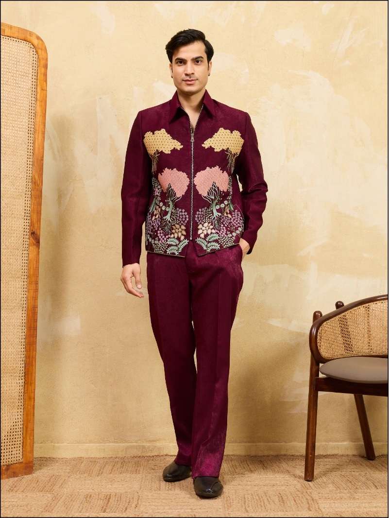 DESIGNER PARTY WEAR READYMADE INDIAN MENS KHADI SILK MAROON JACKET PANT FOR WEDDING KF 21123