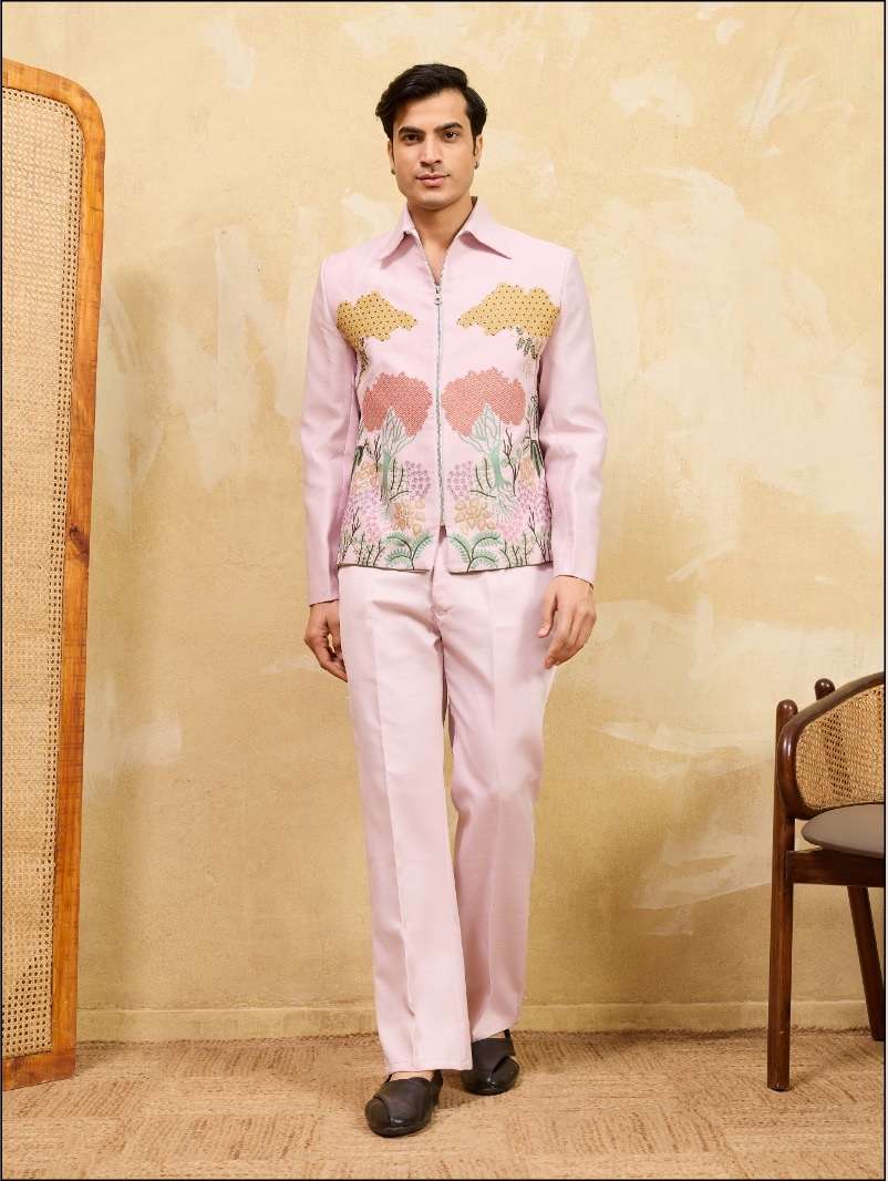 DESIGNER PARTY WEAR READYMADE INDIAN MENS KHADI SILKPINK JACKET PANT FOR WEDDING KF 21124