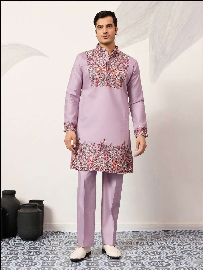 DESIGNER PARTY WEAR READYMADE INDIAN MENS LAVENDER VISCOSE SILK KURTA KF 21036