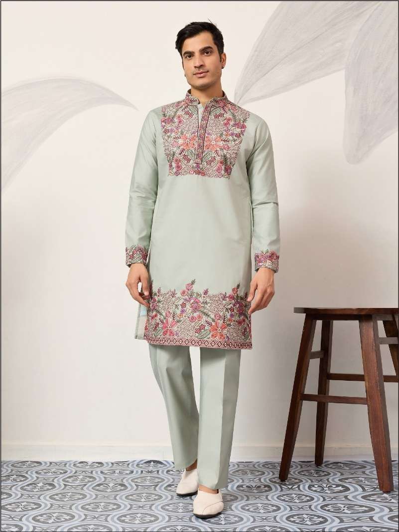 DESIGNER PARTY WEAR READYMADE INDIAN MENS PISTA GREEN VISCOSE SILK KURTA KF 21033