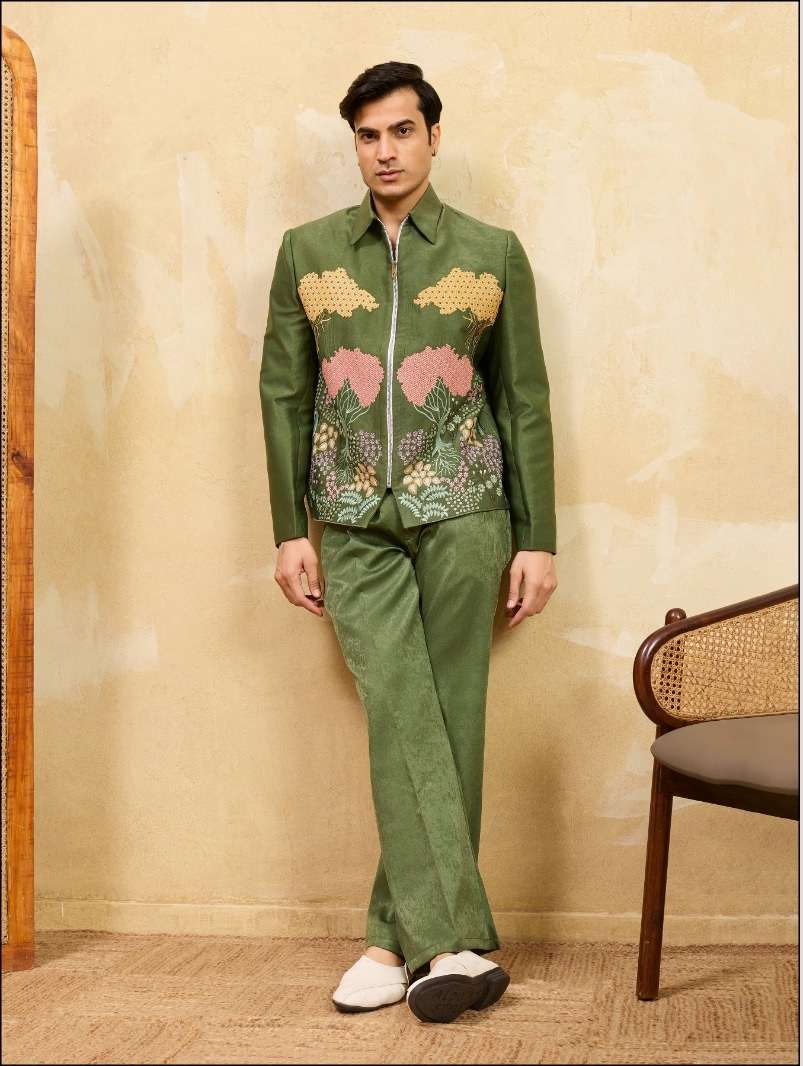 DESIGNER PARTY WEAR READYMADE INDIAN MENS VELVET GREEN JACKET PANT FOR WEDDING KF 21126