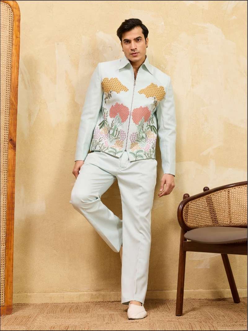 DESIGNER PARTY WEAR READYMADE INDIAN MENS VELVET SKY BLUE JACKET PANT FOR WEDDING KF 21125