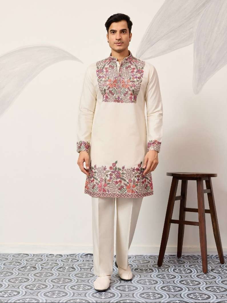 DESIGNER PARTY WEAR READYMADE INDIAN MENS WHITE VISCOSE SILK KURTA KF 21031