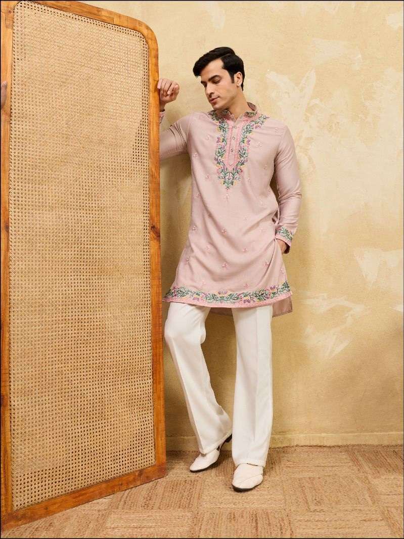 DESIGNER PARTY WEAR READYMADE MENS KAHDI SILK BEIGE KURTA WITH THREAD SEQUENCE WORK KF 21091