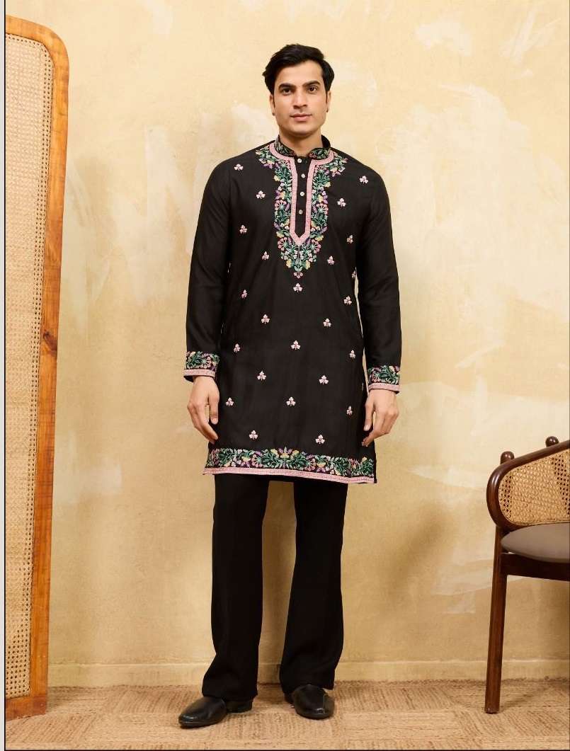 DESIGNER PARTY WEAR READYMADE MENS KAHDI SILK BLACK KURTA WITH THREAD SEQUENCE WORK KF 21094