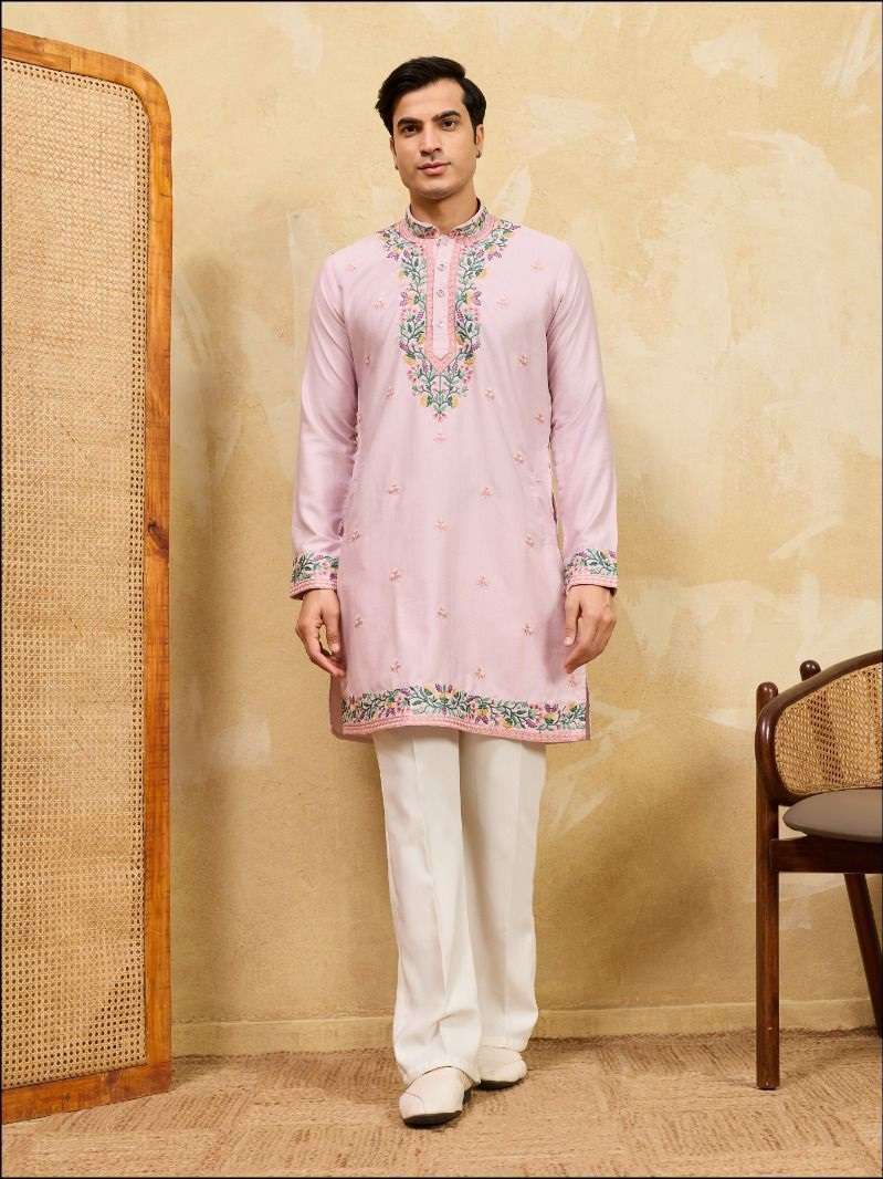 DESIGNER PARTY WEAR READYMADE MENS KAHDI SILK PINK KURTA WITH THREAD SEQUENCE WORK KF 21092