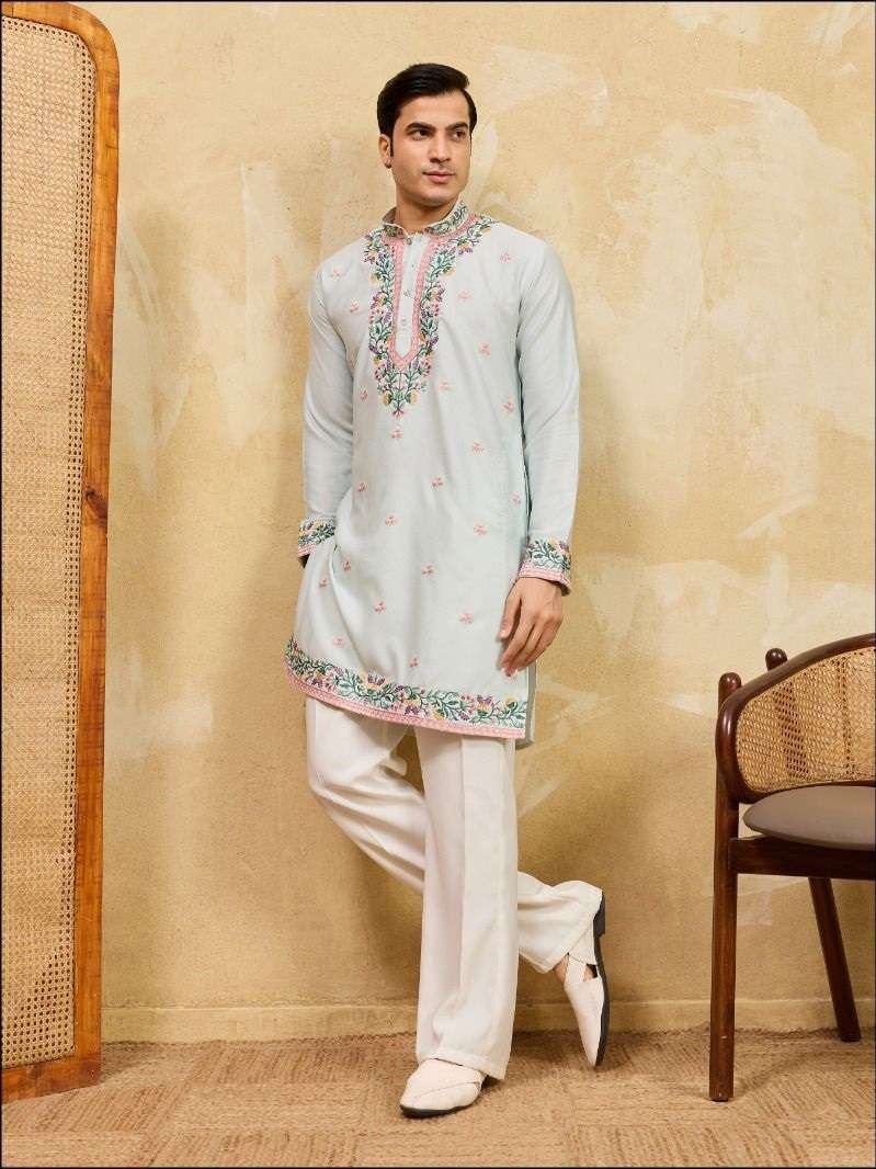 DESIGNER PARTY WEAR READYMADE MENS KAHDI SILK SKY BLUE KURTA WITH THREAD SEQUENCE WORK KF 21095