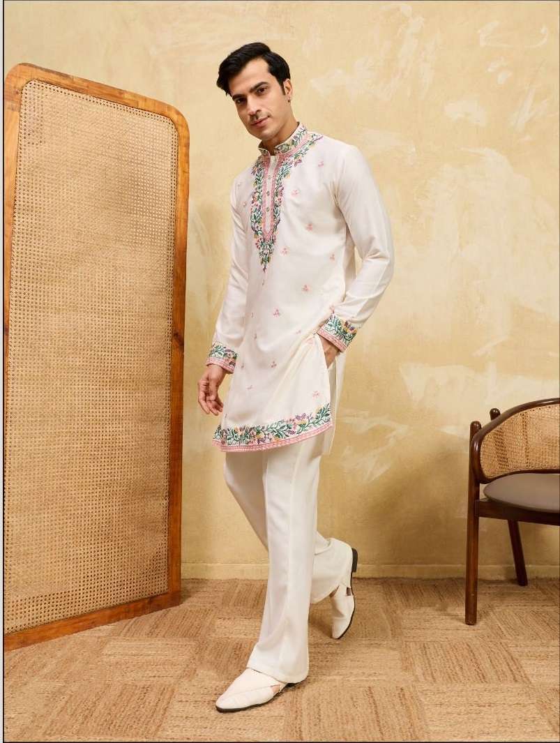 DESIGNER PARTY WEAR READYMADE MENS KAHDI SILK WHITE KURTA WITH THREAD SEQUENCE WORK KF 21093