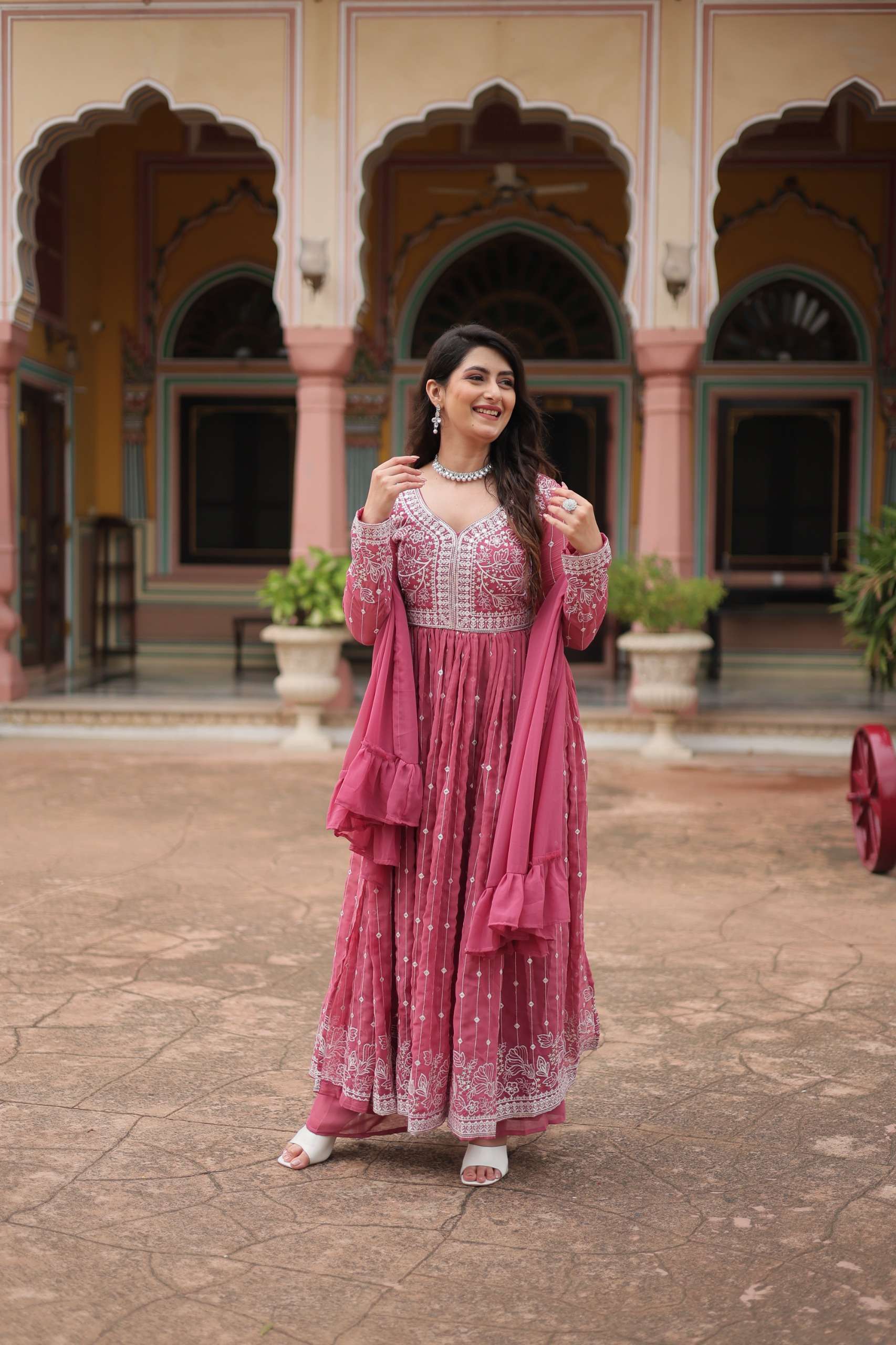 DESIGNER READYMADE FAUX GEORGETTE PINK ANARKALI GOWN COLLECTION LW 9305 B