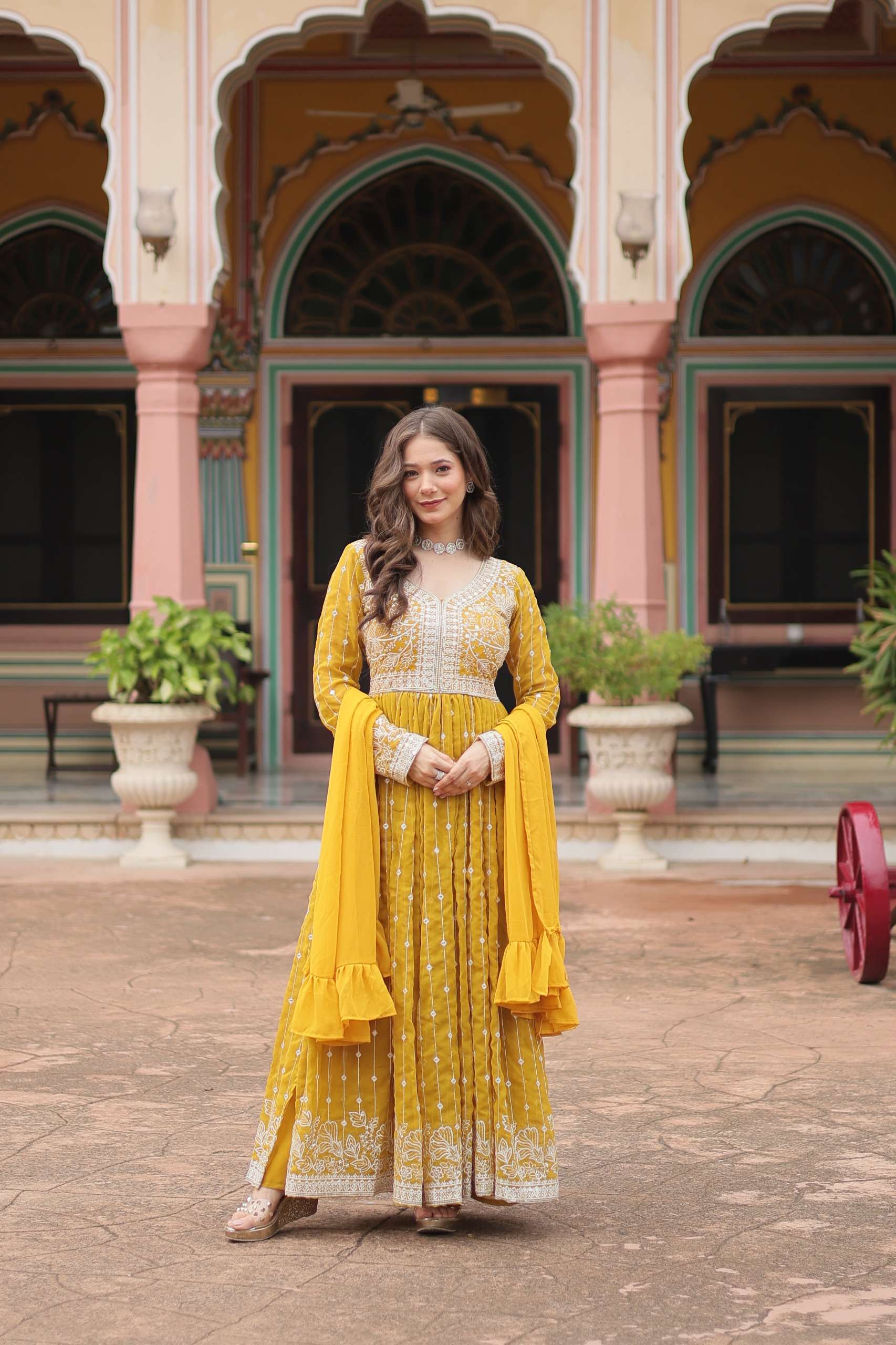 DESIGNER READYMADE FAUX GEORGETTE YELLOW ANARKALI GOWN COLLECTION LW 9305 A