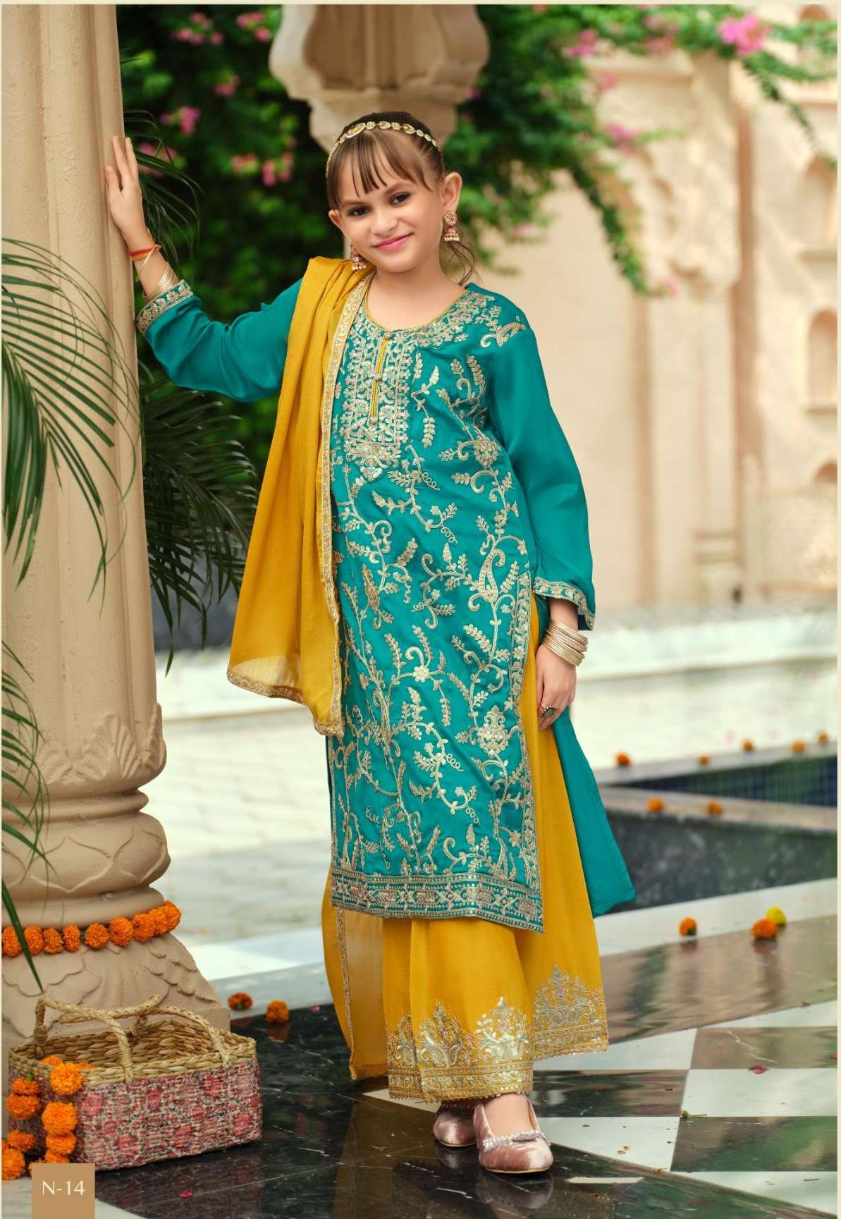 DESIGNER WEDDING PARTY WEAR BLUE YELLOW SHARARA SALWAR SUIT COLLECTION FOR BABY GIRLS IN CHINON EB CRIMSON 14