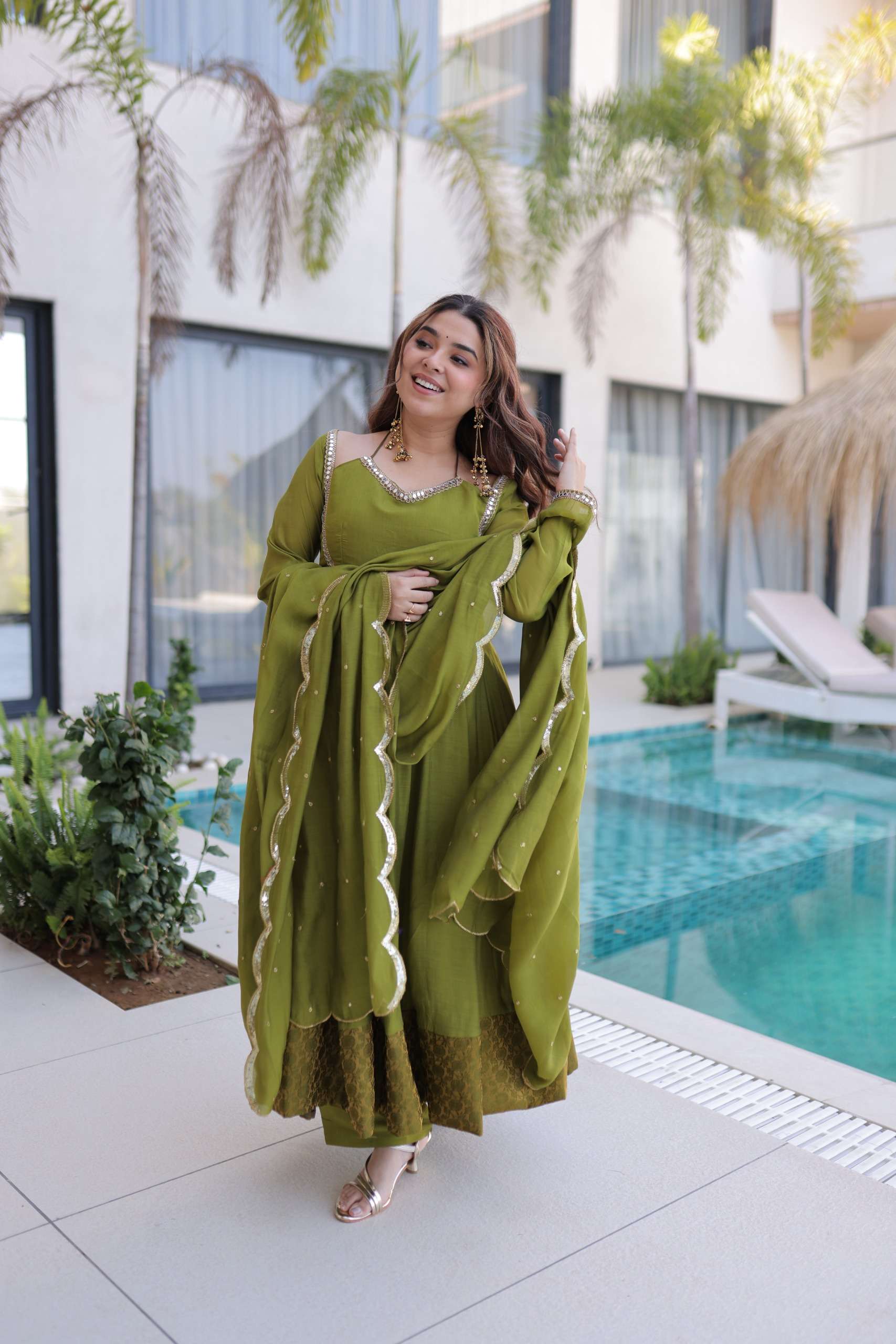 DESIGNER WEDDING PARTY WEAR CHANDERI SILK GREEN ANARKALI GOWN SALWAR SUIT KU 1237 A