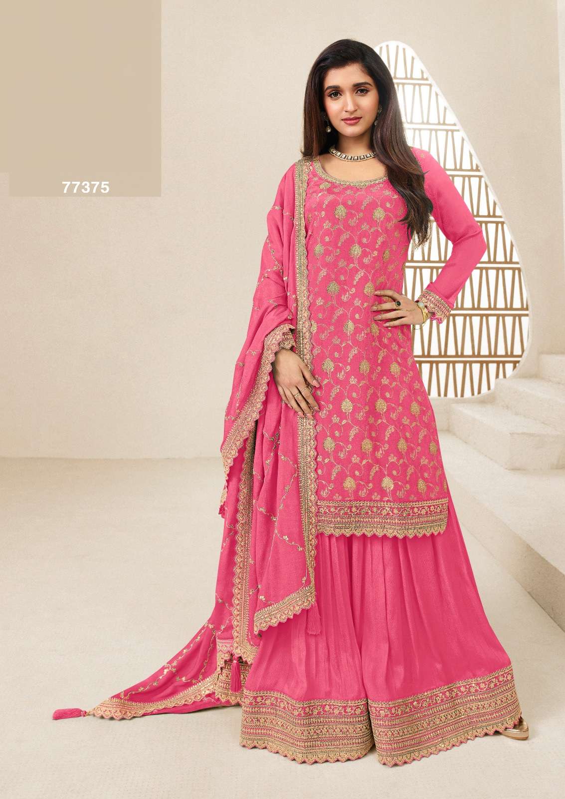 DESIGNER WEDDING PARTY WEAR CHINON JACQUARD PINK PALAZZO SHARARA SALWAR SUIT RH KARVA 7737