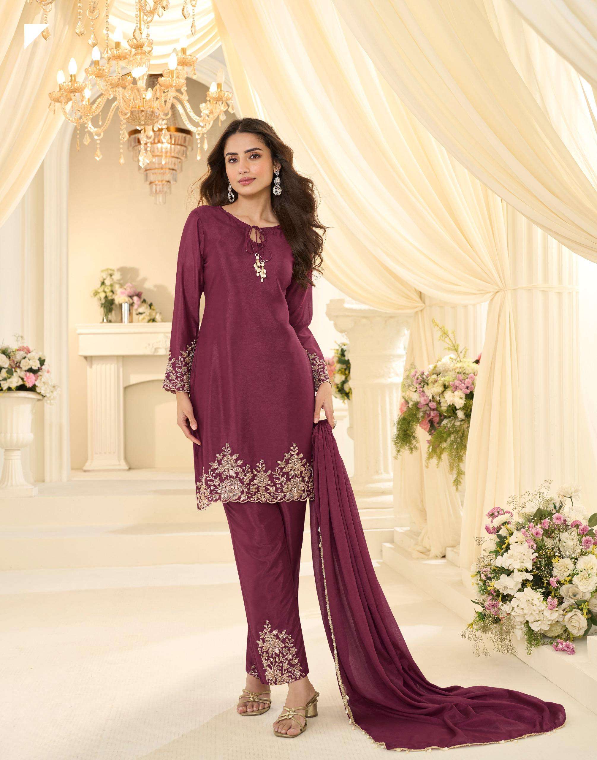 DESIGNER WEDDING PARTY WEAR CHINON SILK MAROON SHARARA PALLAZO SALWAR SUIT SY 10295