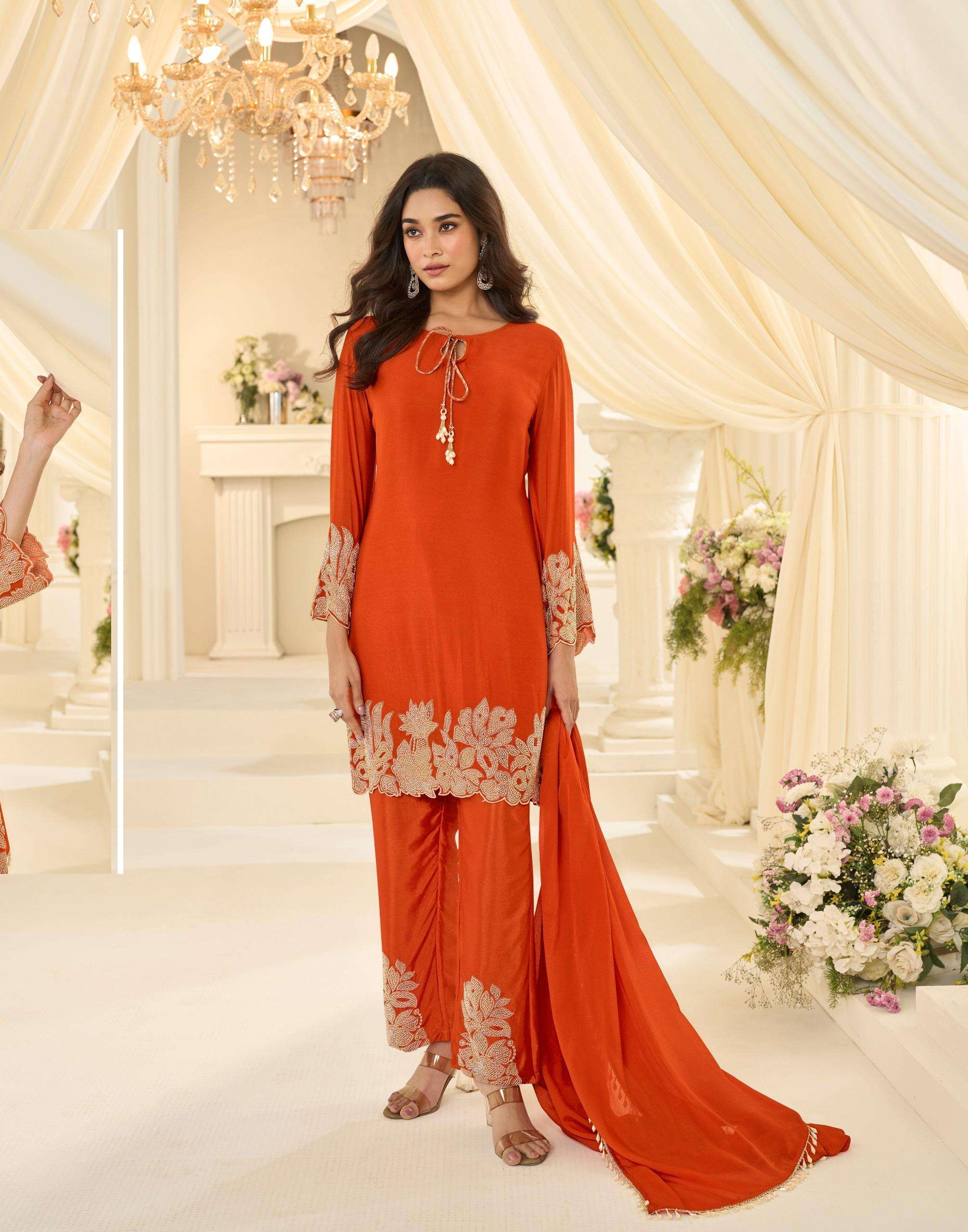 DESIGNER WEDDING PARTY WEAR CHINON SILK ORANGE SHARARA PALLAZO SALWAR SUIT SY 10294