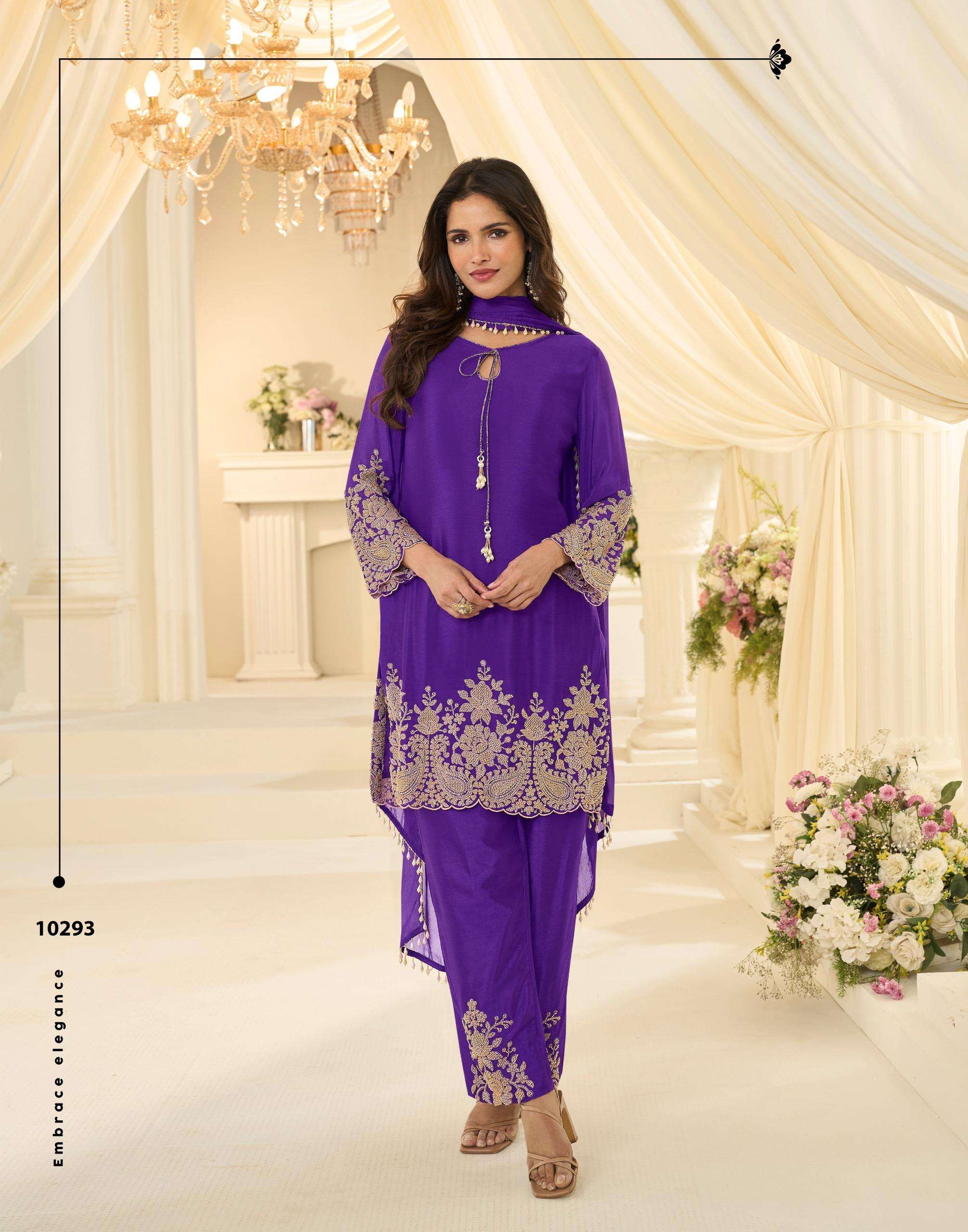 DESIGNER WEDDING PARTY WEAR CHINON SILK PURPLE SHARARA PALLAZO SALWAR SUIT SY 10293