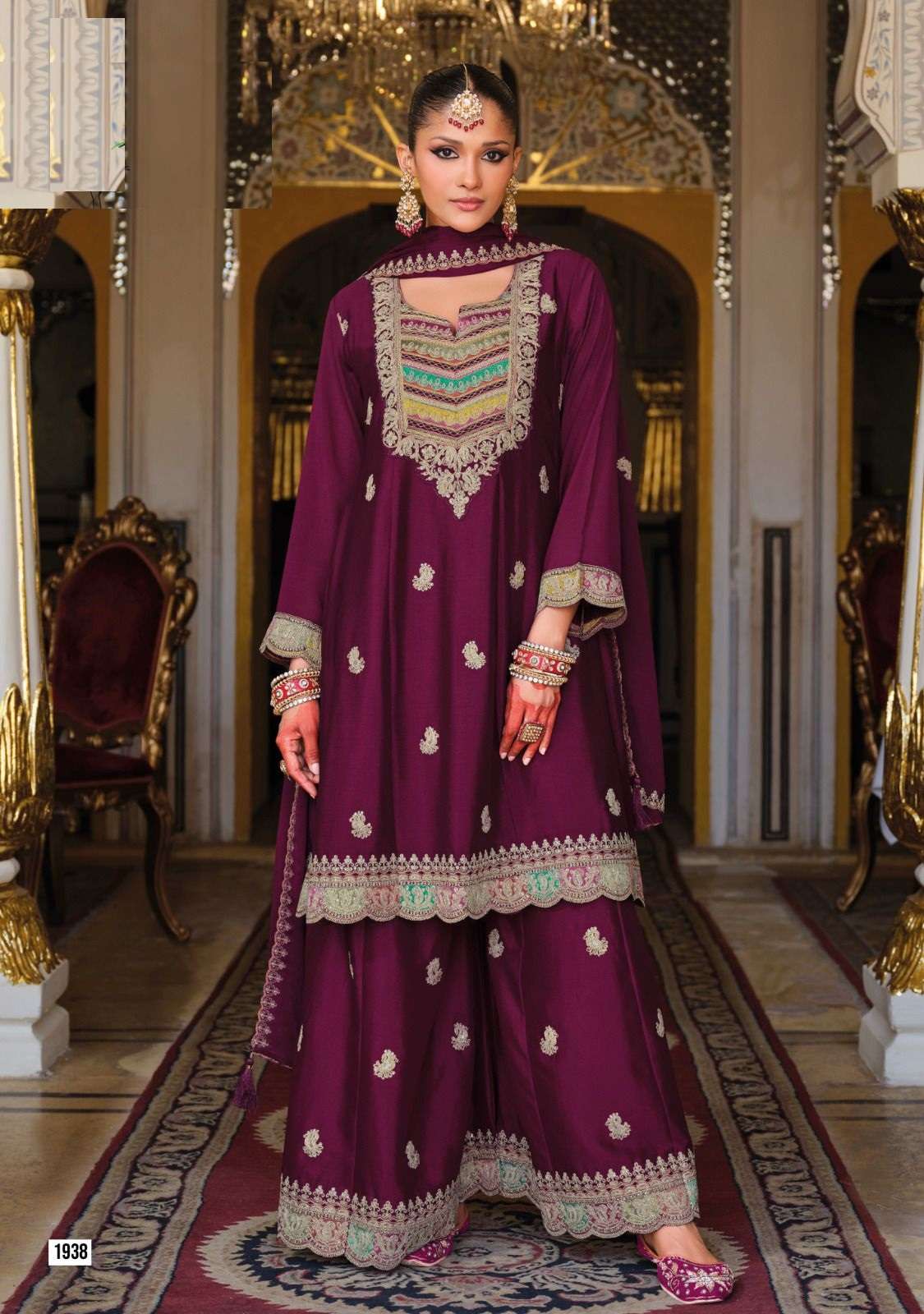 DESIGNER WEDDING PARTY WEAR CHINON SILK READYMADE MAROON SHARARA PALLAZO SALWAR SUIT EB RIVAA 1938
