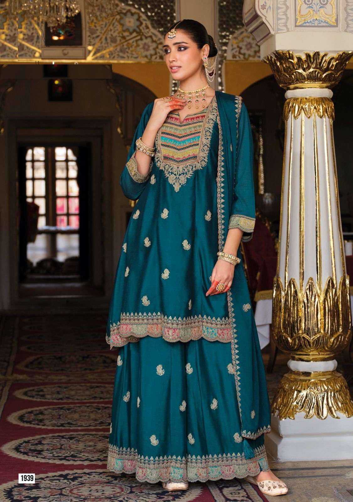 DESIGNER WEDDING PARTY WEAR CHINON SILK READYMADE TEAL BLUE SHARARA PALLAZO SALWAR SUIT EB RIVAA 1939