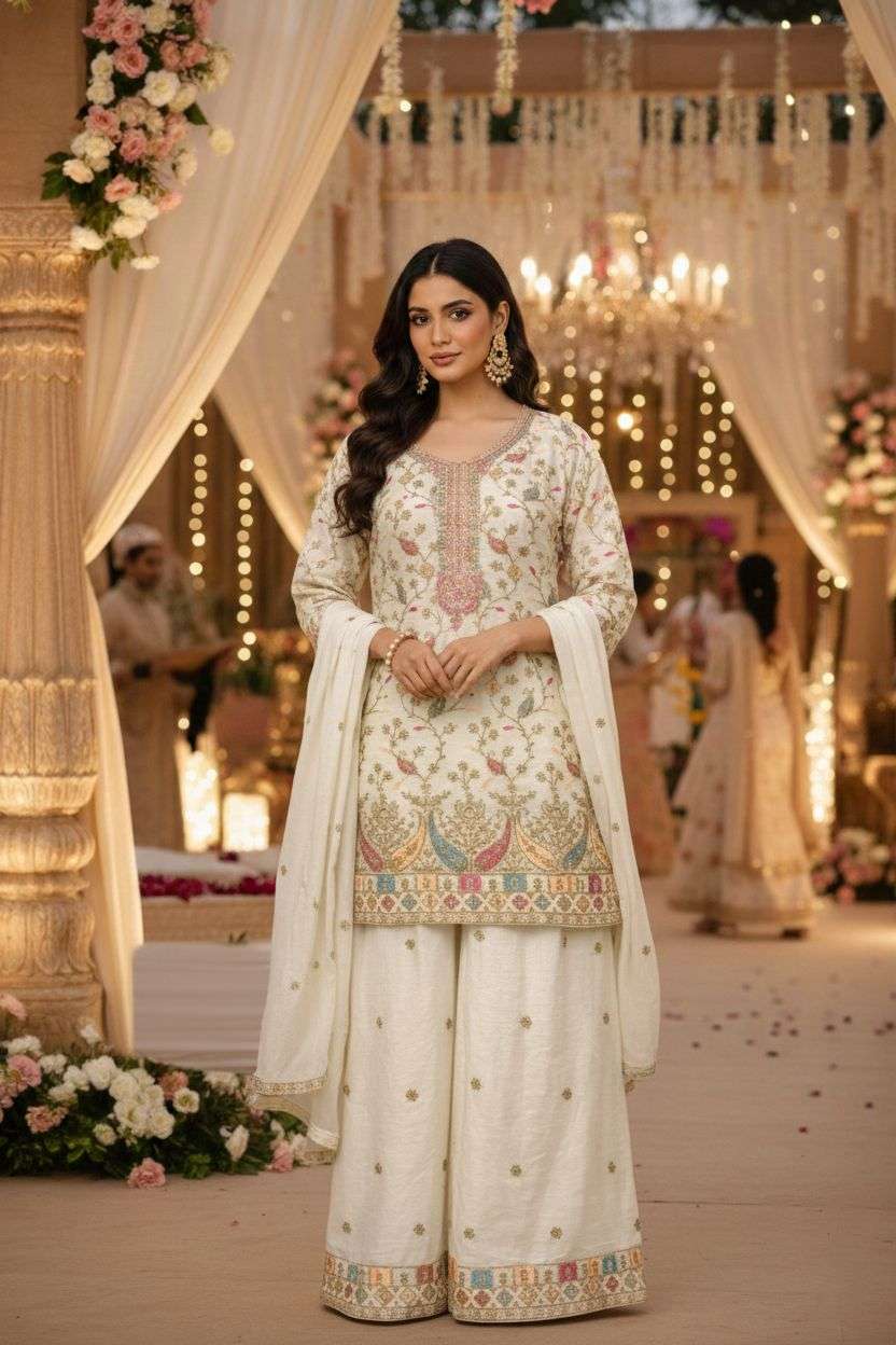 DESIGNER WEDDING PARTY WEAR CHINON SILK WHITE SHARARA PALLAZO SALWAR SUIT HT 5103 C