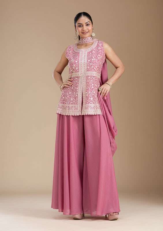 DESIGNER WEDDING PARTY WEAR GEORGETTE READYMADE PINK SHARARA PALLAZO SALWAR SUIT DD MISHTI B