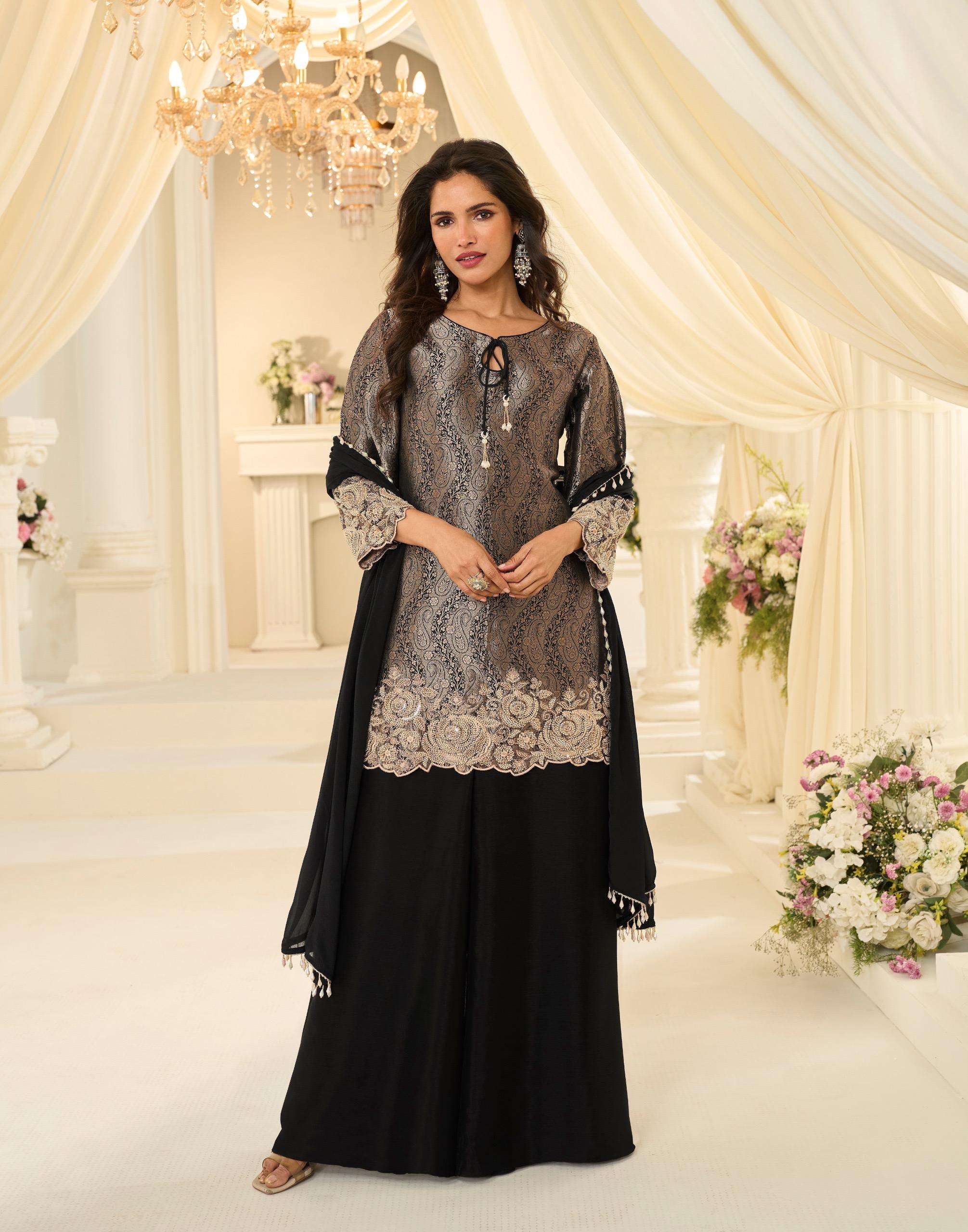DESIGNER WEDDING PARTY WEAR JACQUARD SILK BLACK SHARARA PALLAZO SALWAR SUIT WITH BEADS WORK SY 10290