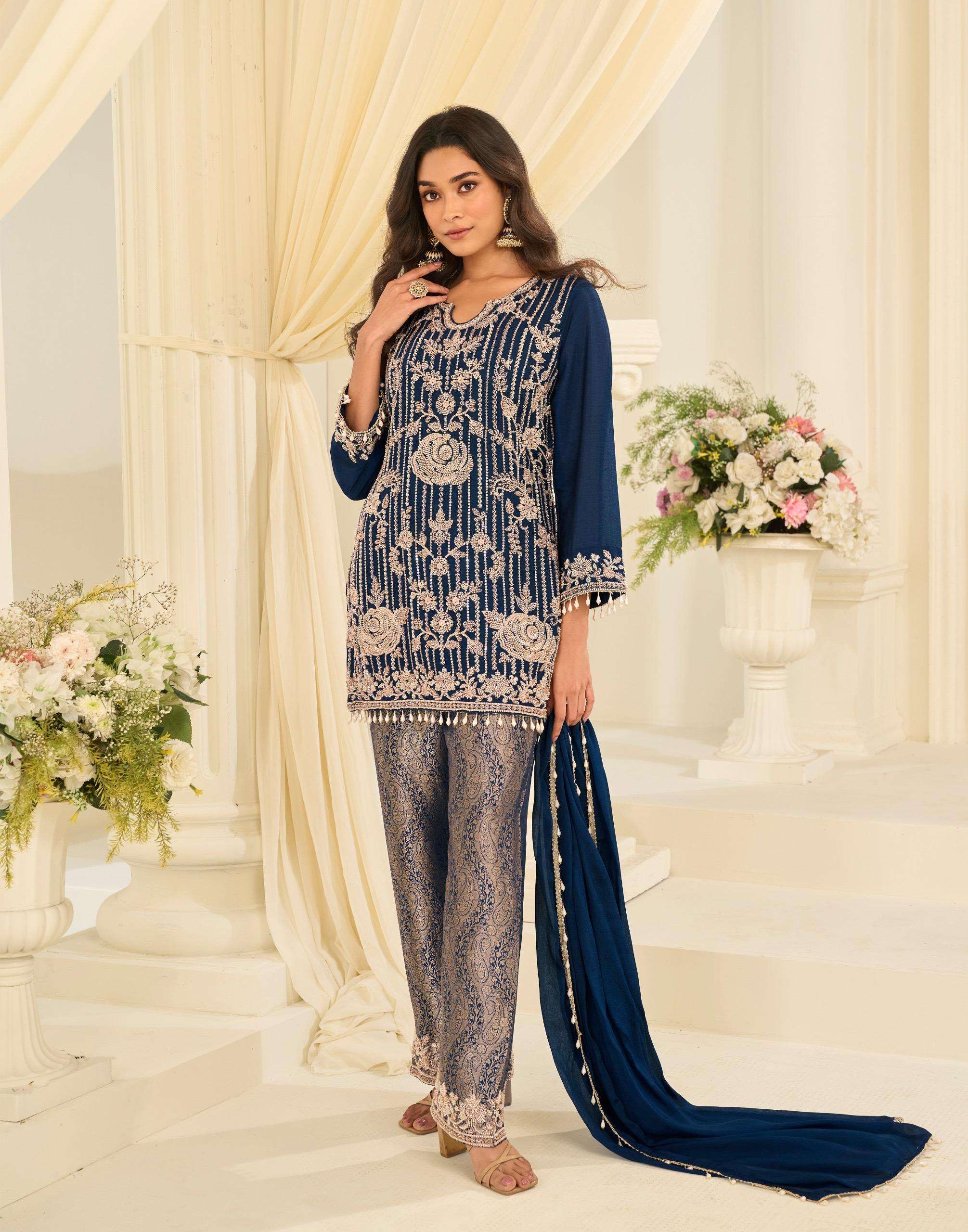 DESIGNER WEDDING PARTY WEAR JACQUARD SILK BLUE SHARARA PALLAZO SALWAR SUIT WITH BEADS WORK SY 10297