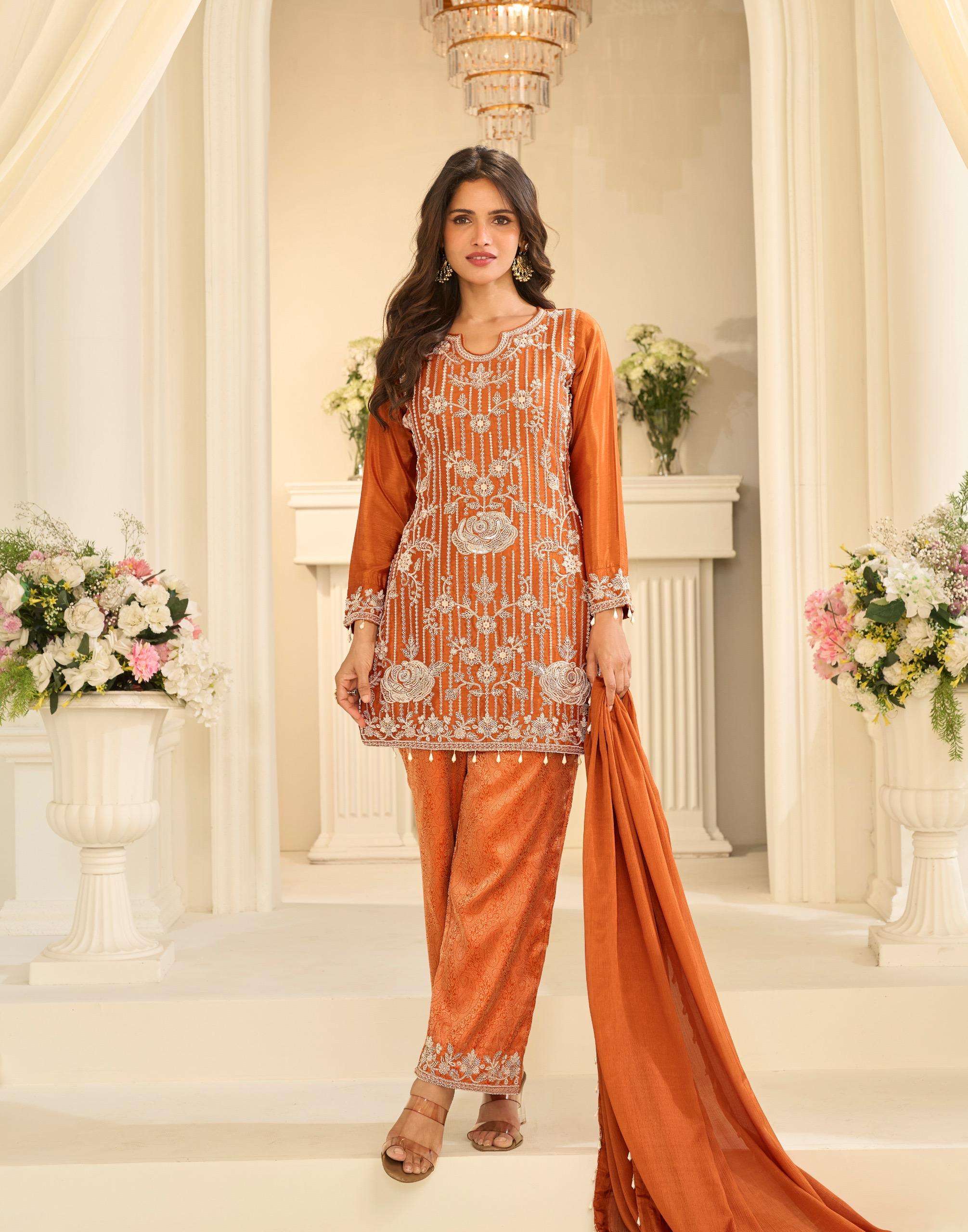 DESIGNER WEDDING PARTY WEAR JACQUARD SILK ORANGE SHARARA PALLAZO SALWAR SUIT WITH BEADS WORK SY 10297B