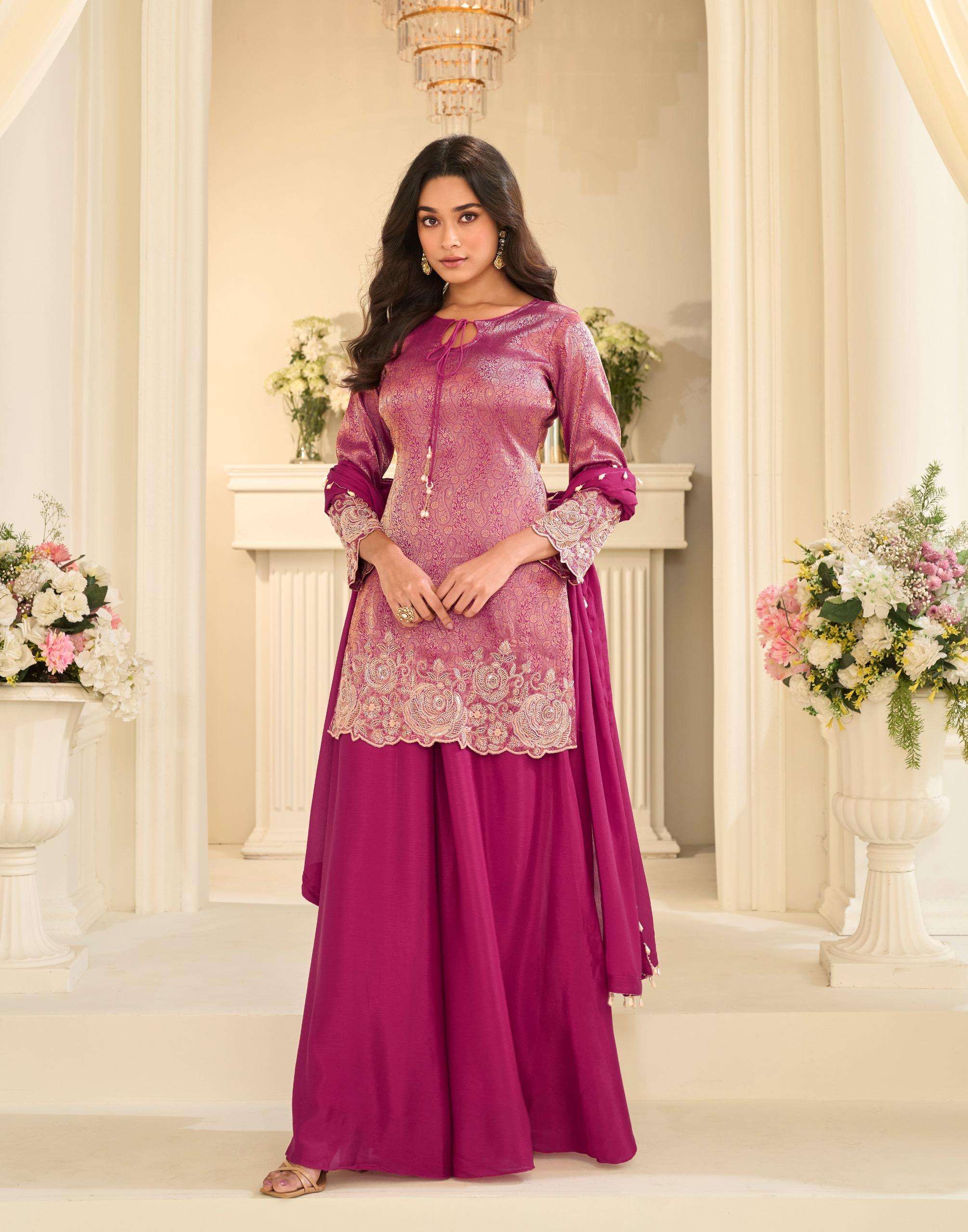 DESIGNER WEDDING PARTY WEAR JACQUARD SILK PINK SHARARA PALLAZO SALWAR SUIT WITH BEADS WORK SY 10292