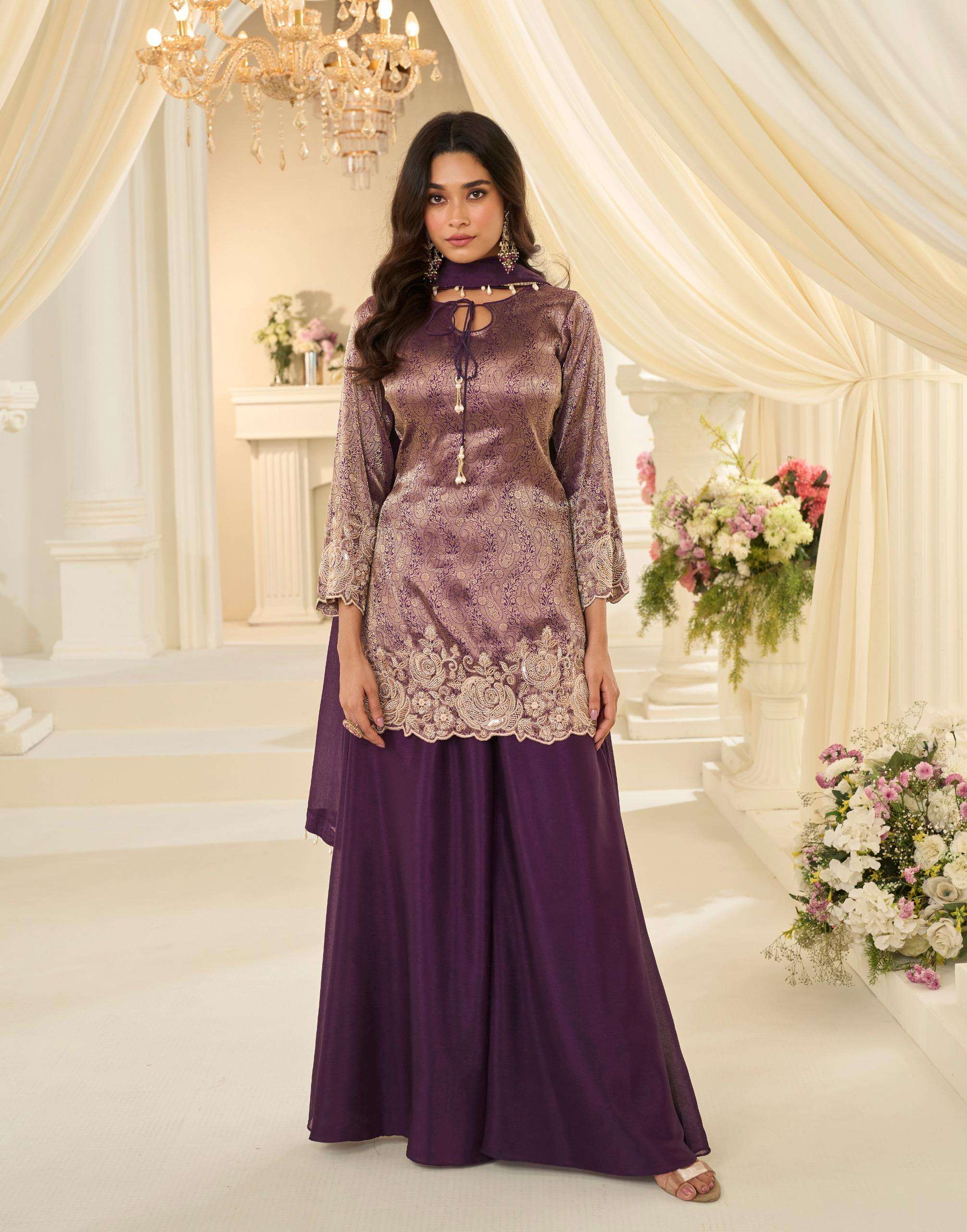 DESIGNER WEDDING PARTY WEAR JACQUARD SILK PURPLE SHARARA PALLAZO SALWAR SUIT WITH BEADS WORK SY 10291