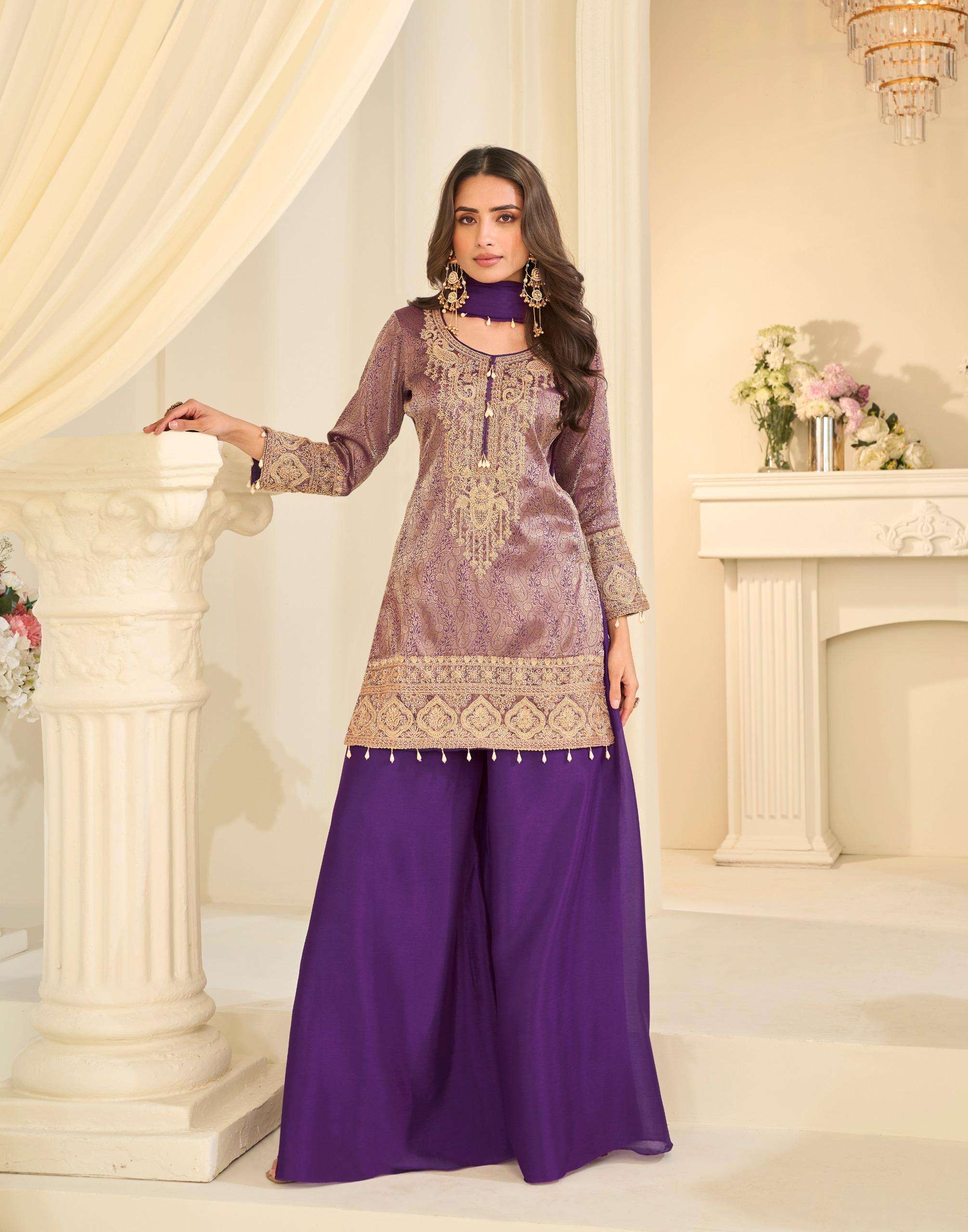 DESIGNER WEDDING PARTY WEAR JACQUARD SILK PURPLE SHARARA PALLAZO SALWAR SUIT WITH BEADS WORK SY 10310