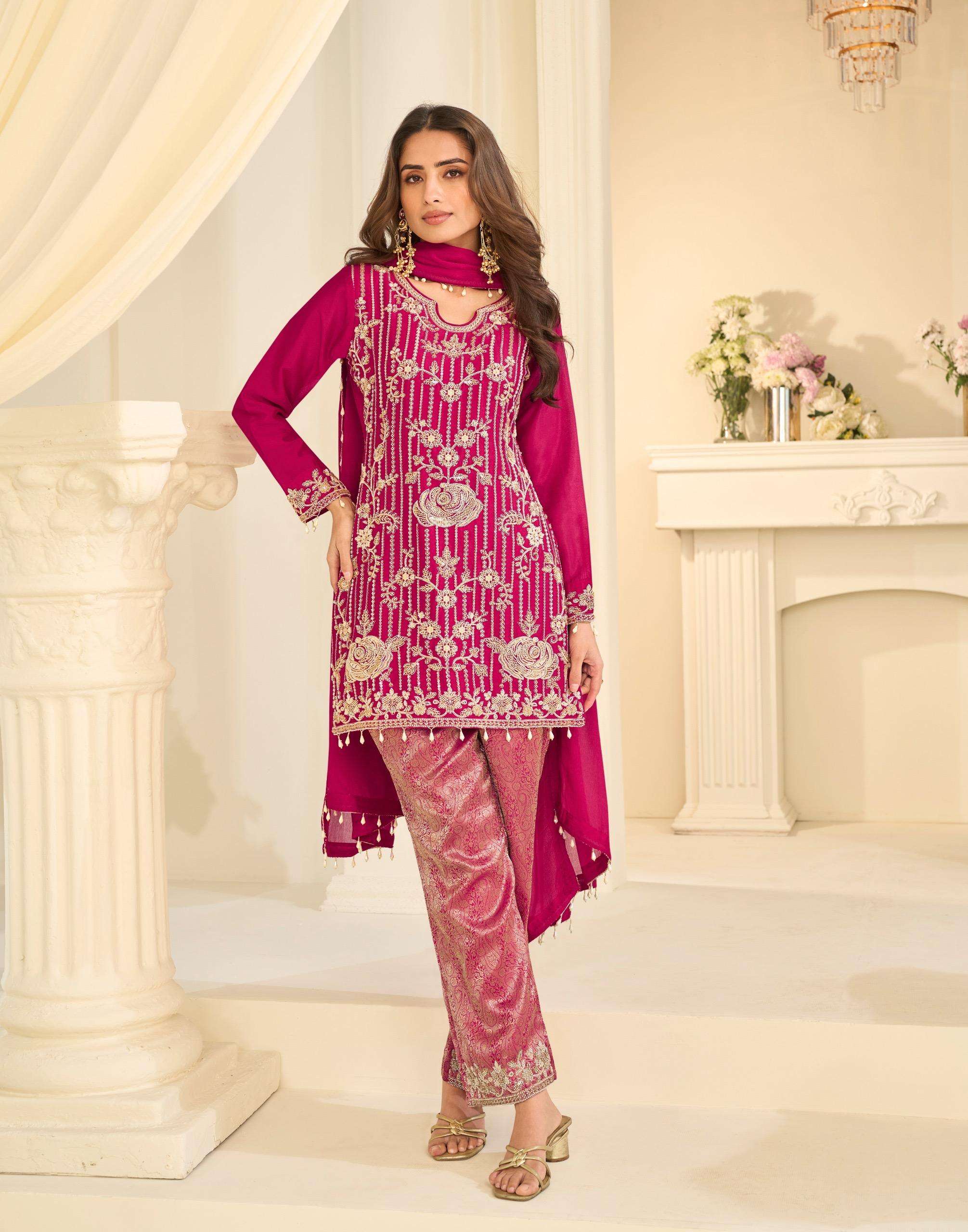 DESIGNER WEDDING PARTY WEAR JACQUARD SILK RANI PINK SHARARA PALLAZO SALWAR SUIT WITH BEADS WORK SY 10297A