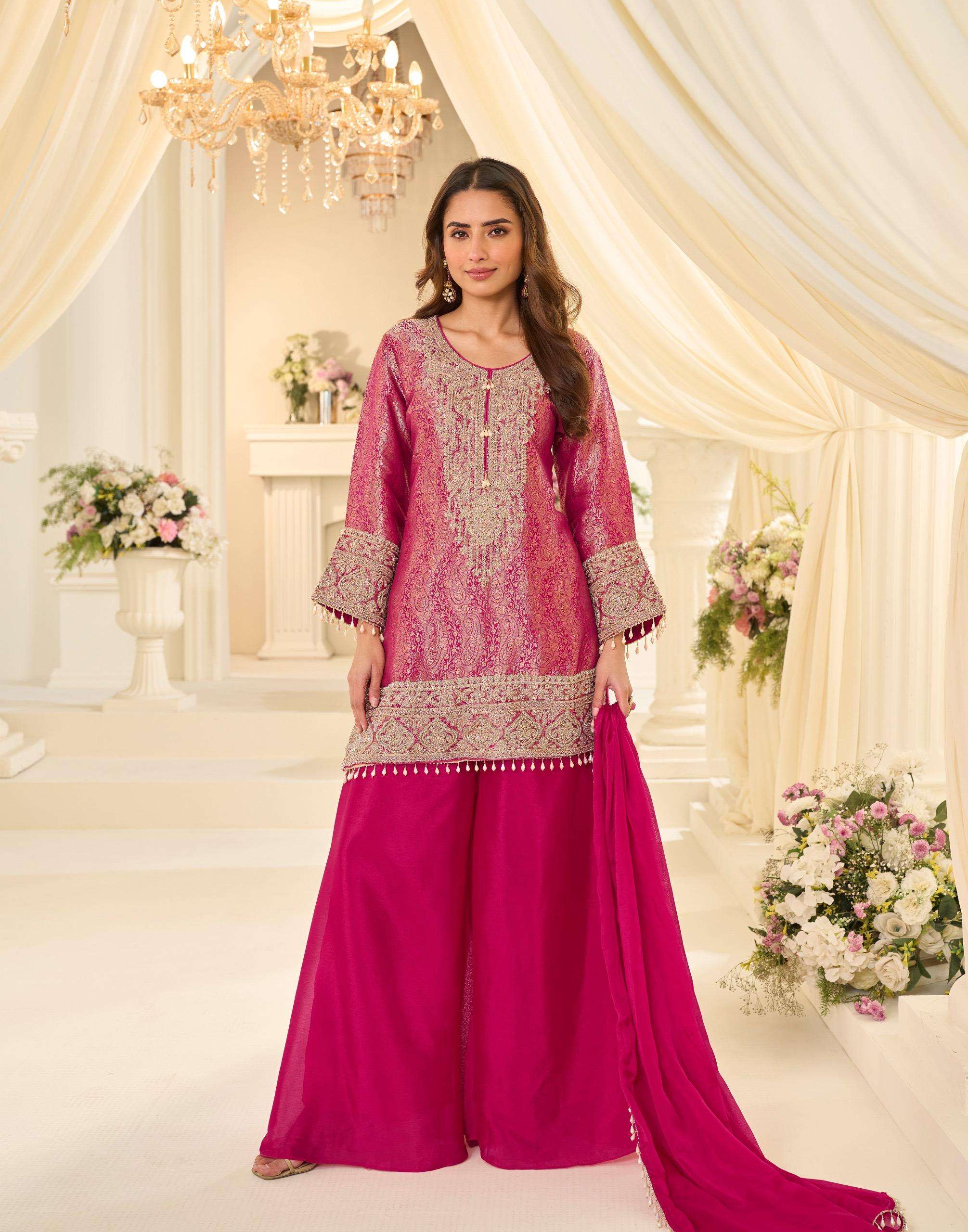 DESIGNER WEDDING PARTY WEAR JACQUARD SILK RANI PINK SHARARA PALLAZO SALWAR SUIT WITH BEADS WORK SY 10308