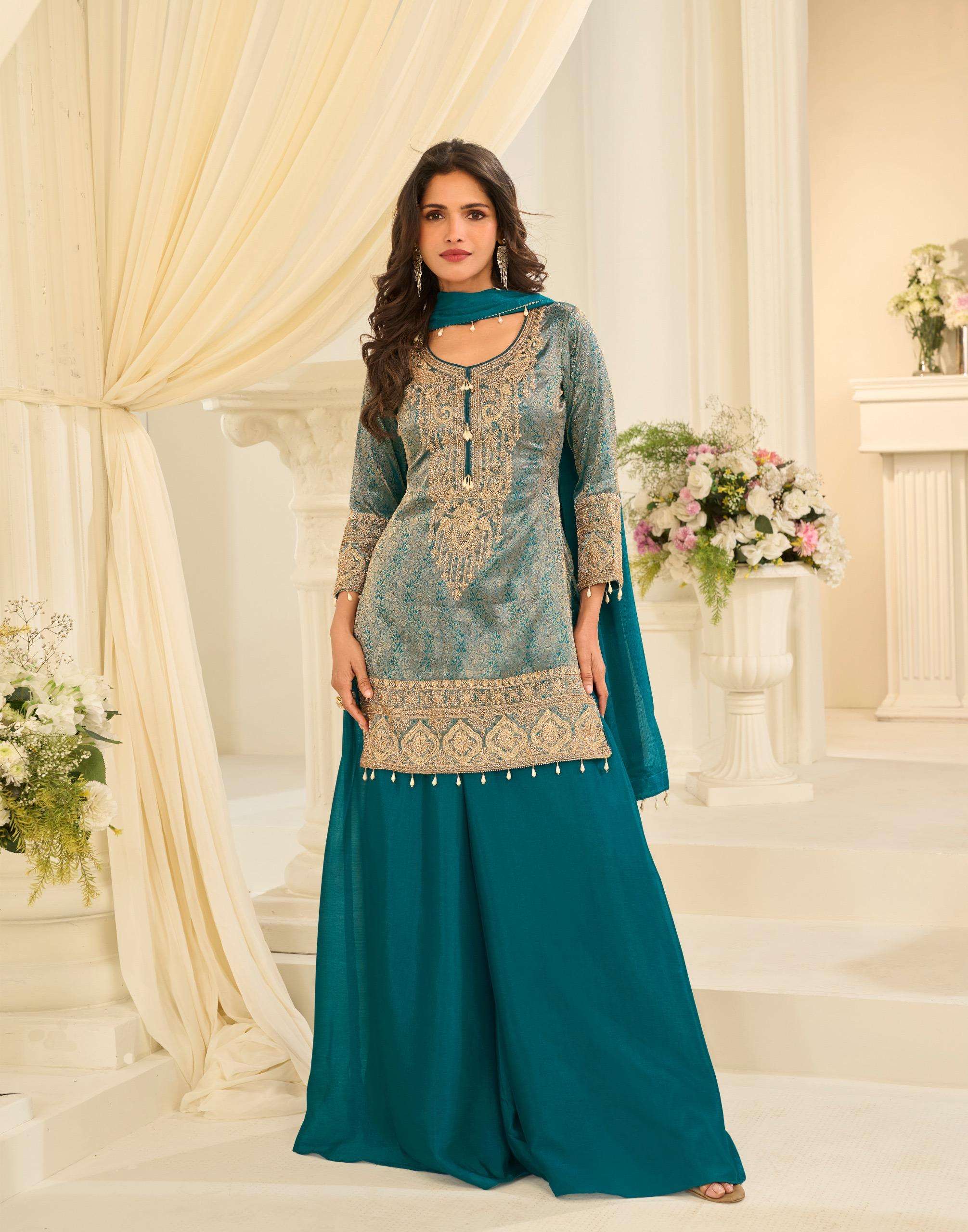 DESIGNER WEDDING PARTY WEAR JACQUARD SILK TEAL GREEN SHARARA PALLAZO SALWAR SUIT WITH BEADS WORK SY 10309