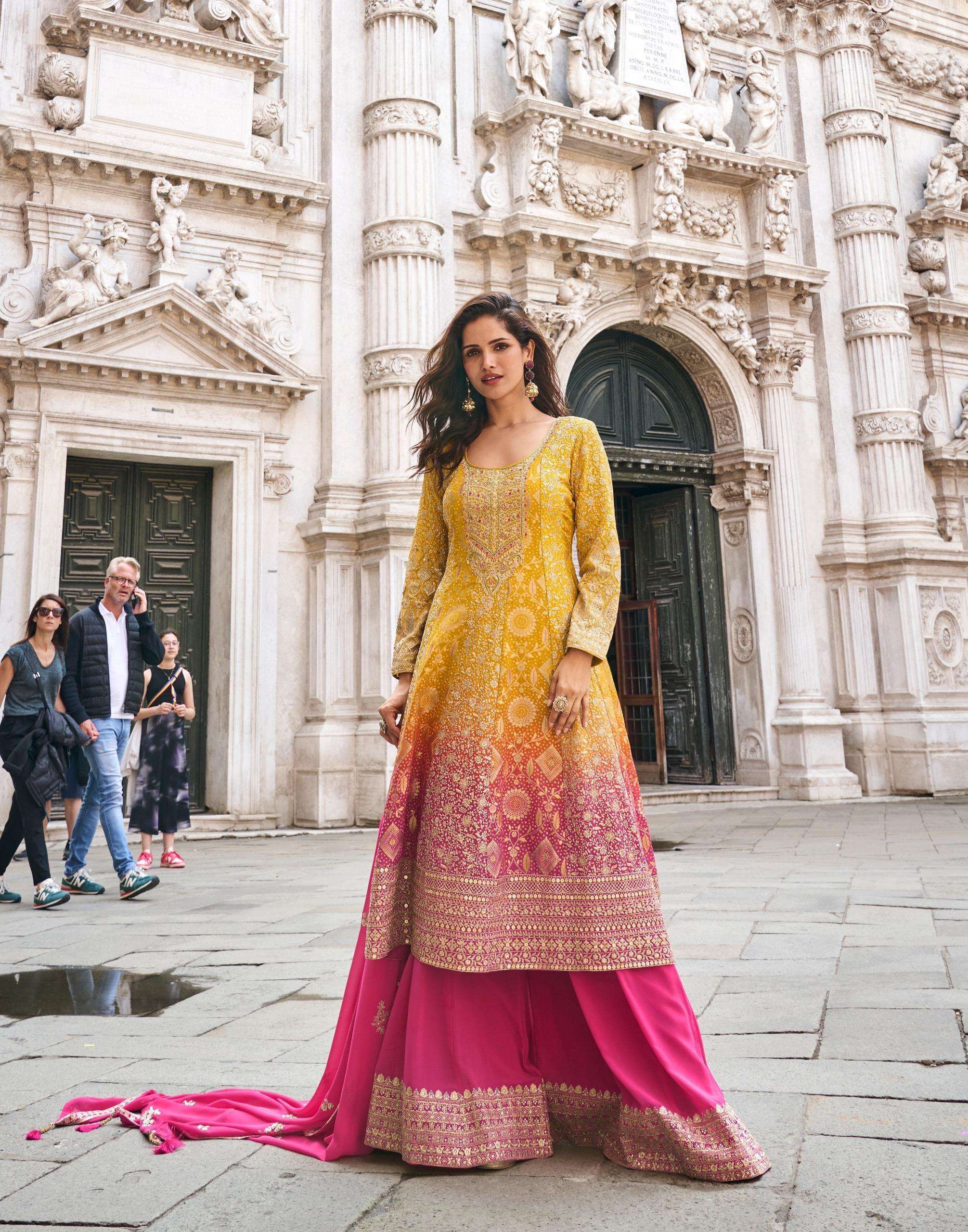 DESIGNER WEDDING PARTY WEAR JAQAUARD SILK GEORGETTE YELLOW PINK SHARARA SALWAR SUIT SY SUGANDH 10282