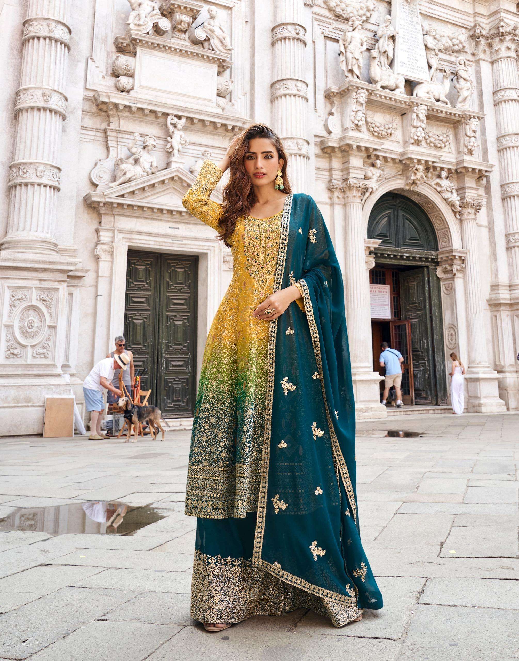DESIGNER WEDDING PARTY WEAR JAQAUARD SILK GEORGETTE YELLOW TEAL BLUE SHARARA SALWAR SUIT SY SUGANDH 10283