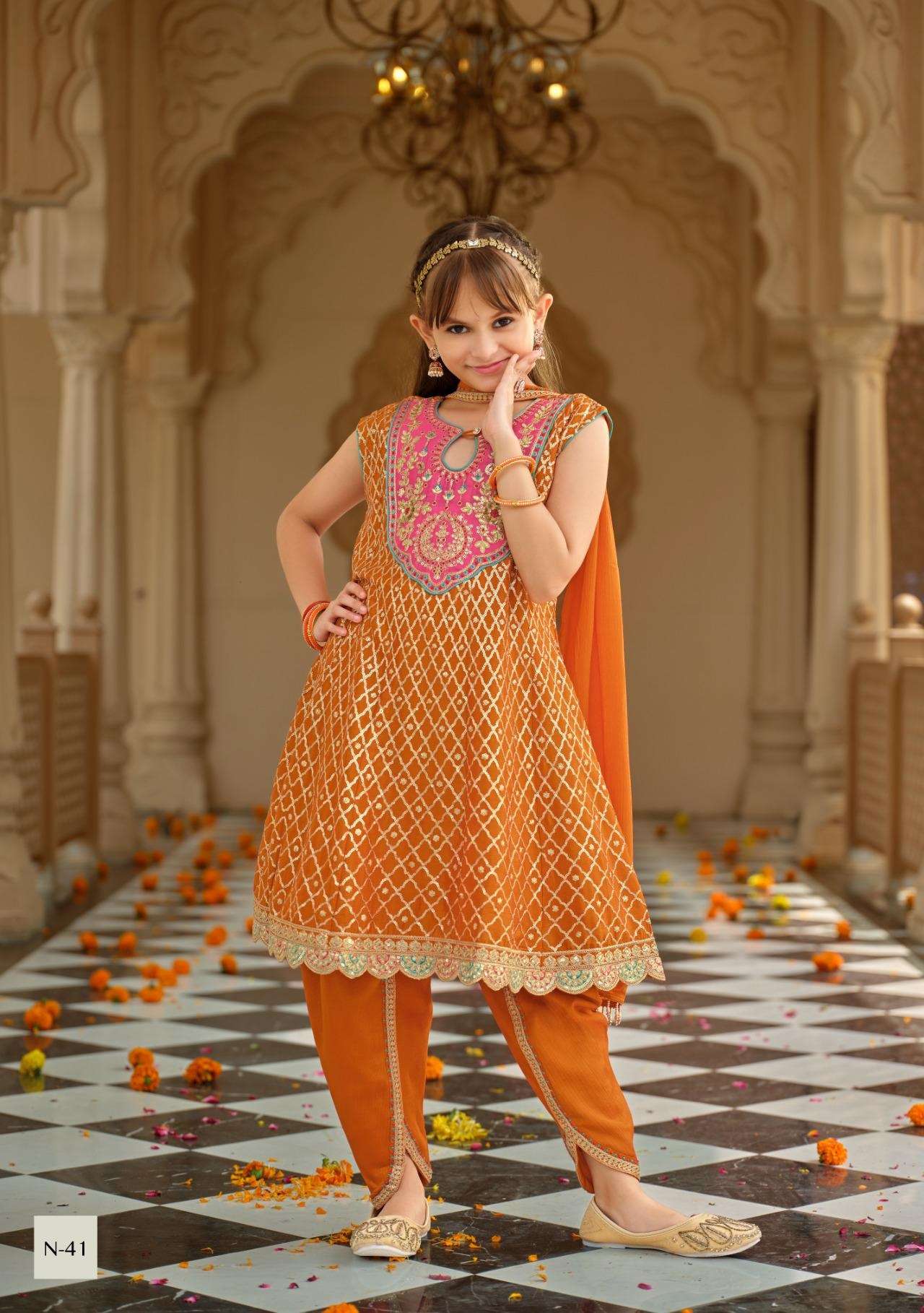 DESIGNER WEDDING PARTY WEAR ORANGE SHARARA SALWAR SUIT COLLECTION FOR BABY GIRLS IN CHINON EB ESHA 41