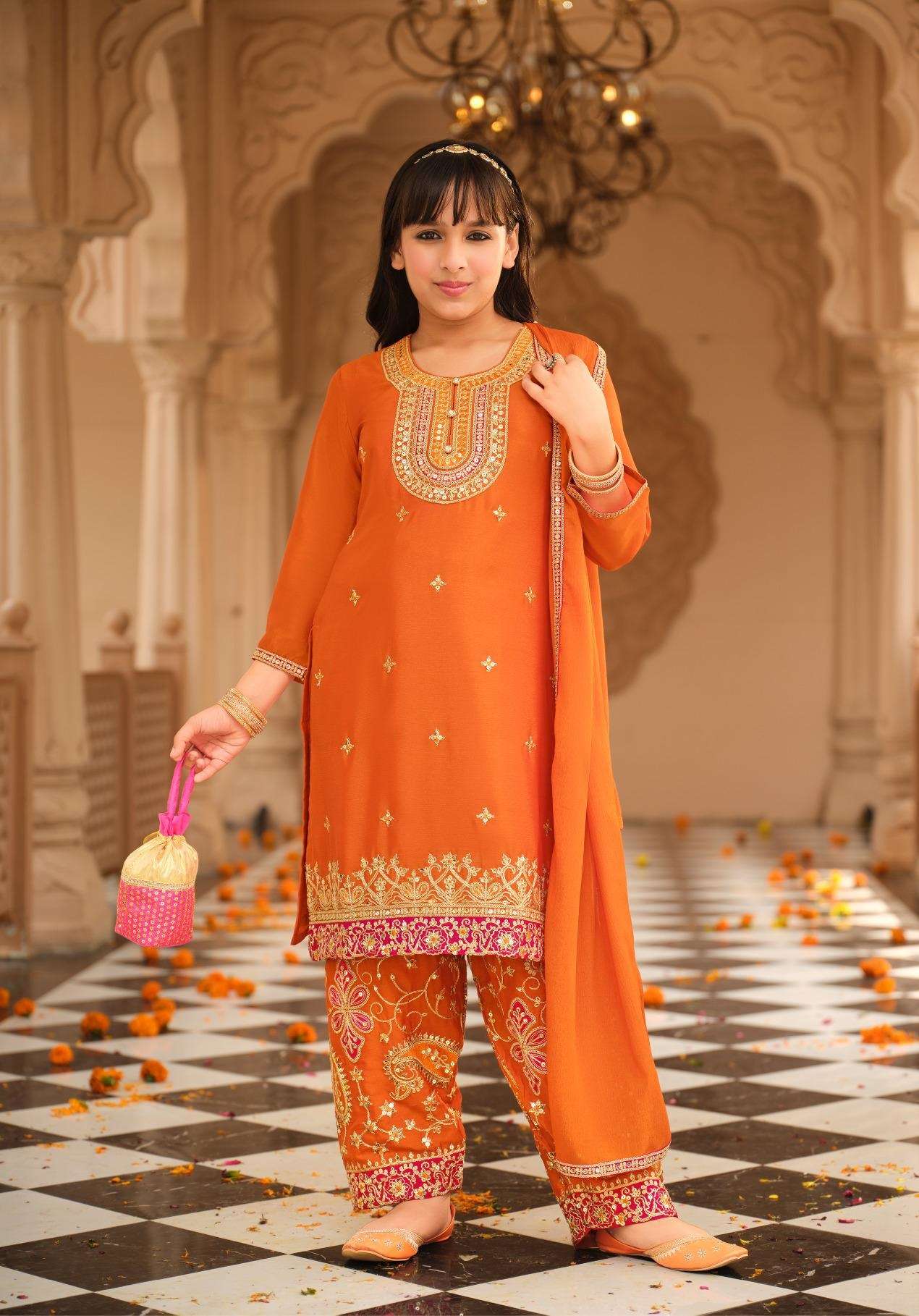 DESIGNER WEDDING PARTY WEAR ORANGE SHARARA SALWAR SUIT COLLECTION FOR BABY GIRLS IN CHINON EB DREMY 2