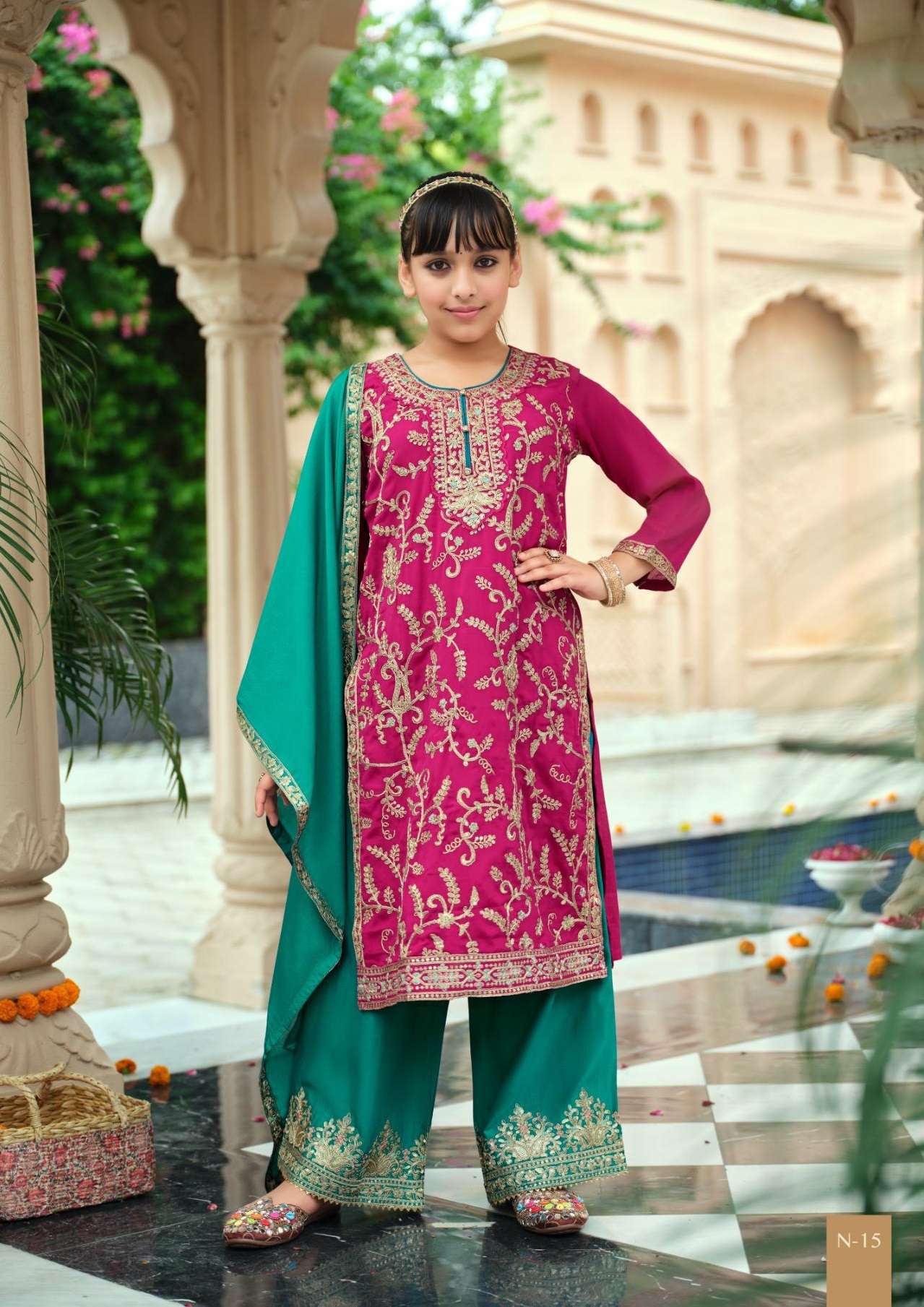 DESIGNER WEDDING PARTY WEAR PINK BLUE SHARARA SALWAR SUIT COLLECTION FOR BABY GIRLS IN CHINON EB CRIMSON 15