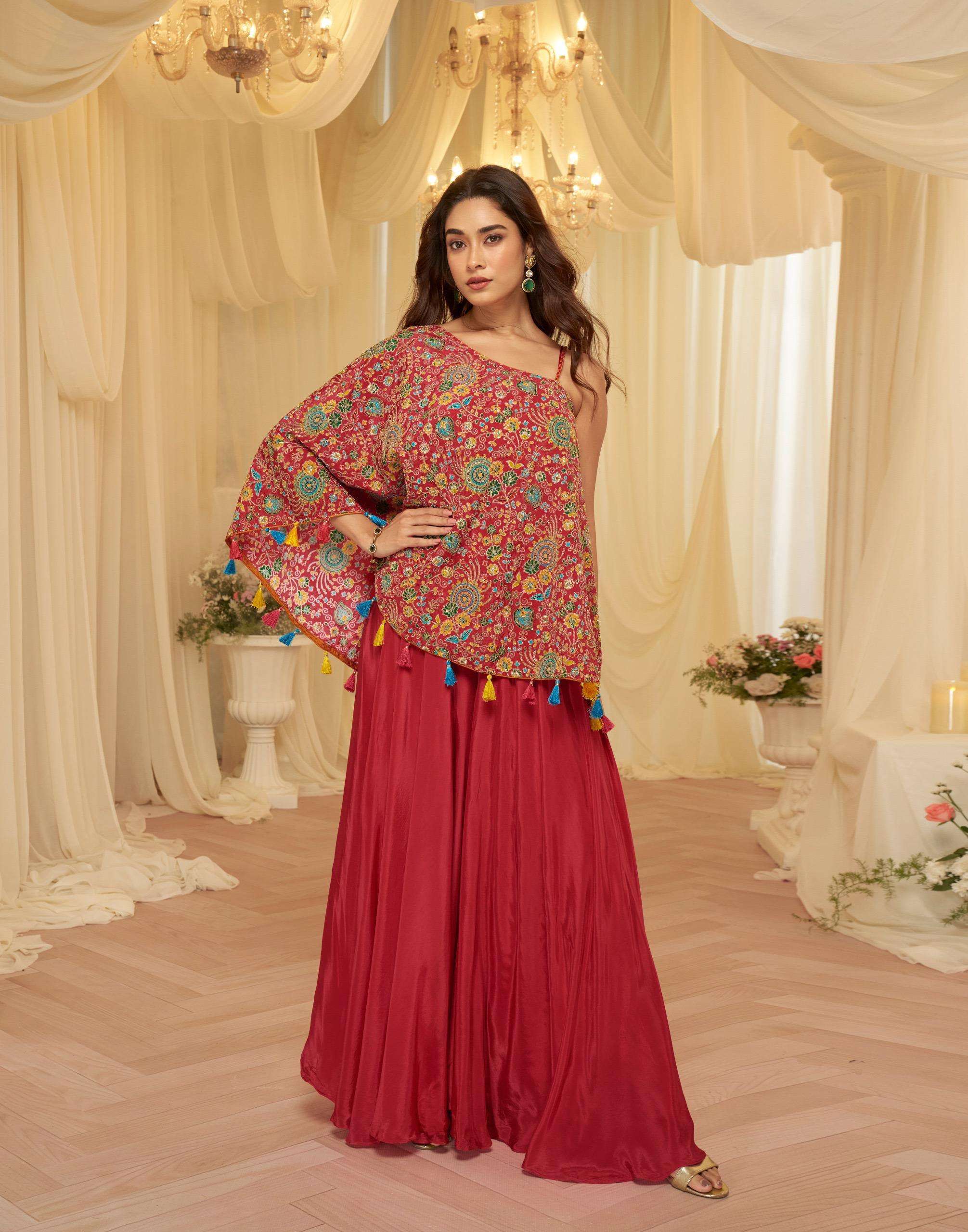 DESIGNER WEDDING PARTY WEAR PREMIUM VISCOS NATURAL CREP RED SHARARA SALWAR SUIT TAMANNA 10284