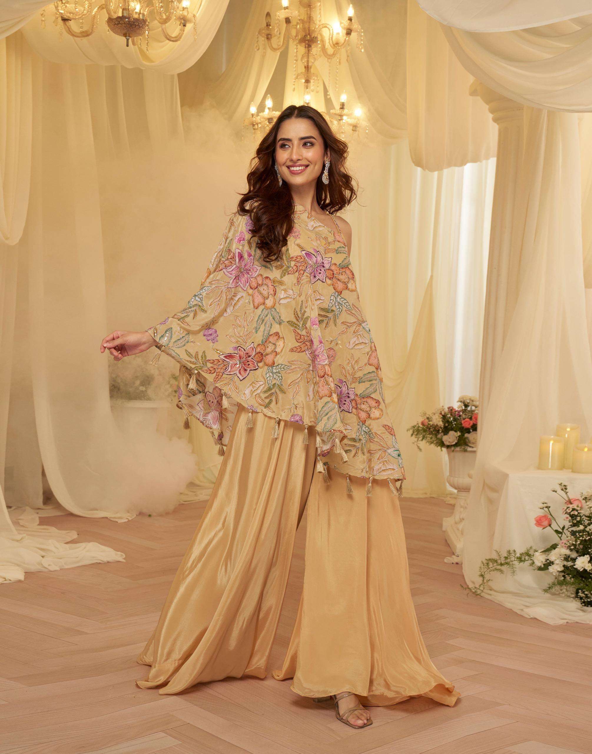 DESIGNER WEDDING PARTY WEAR PREMIUM VISCOS NATURAL CREP CHIKU SHARARA SALWAR SUIT TAMANNA 10285