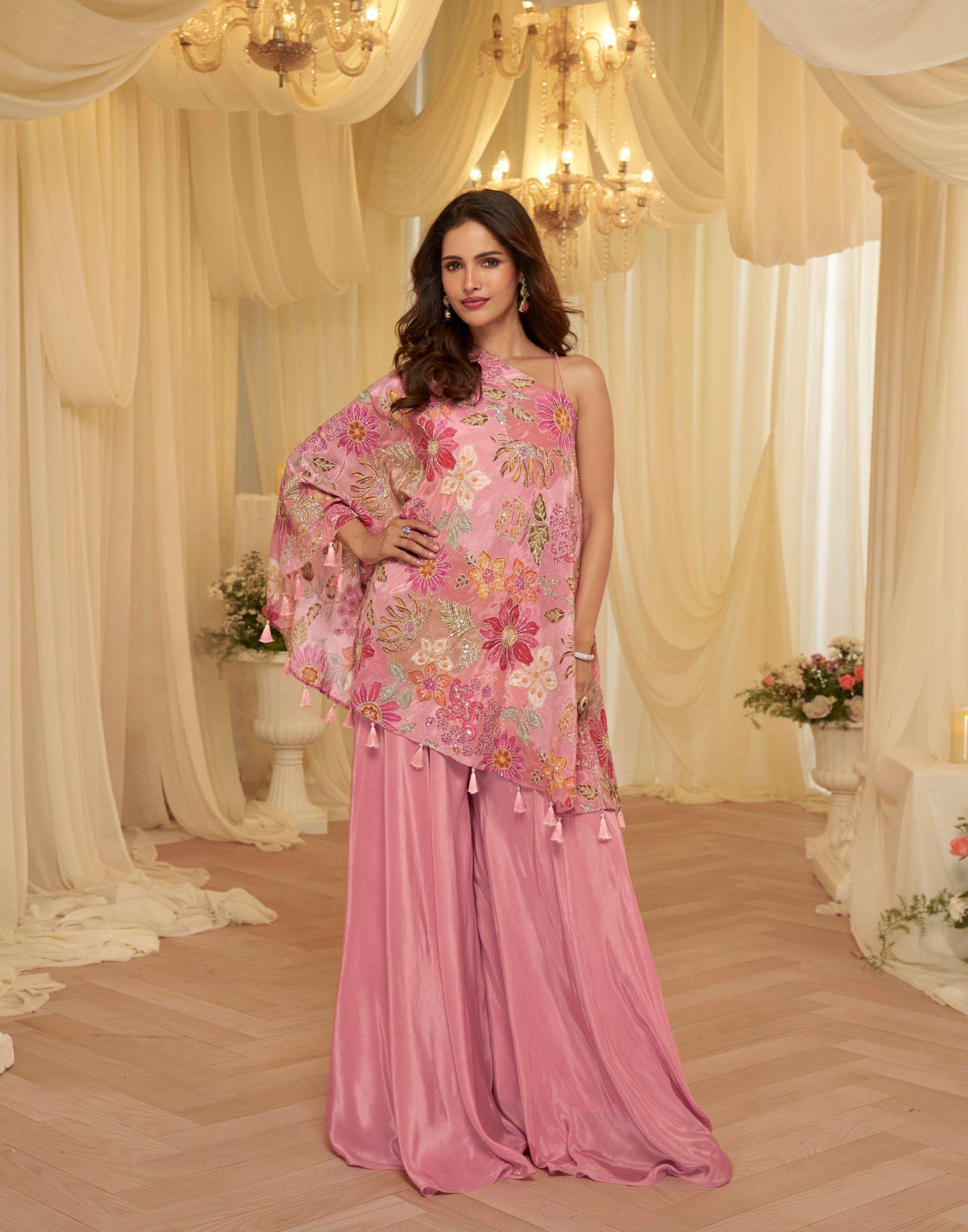 DESIGNER WEDDING PARTY WEAR PREMIUM VISCOS NATURAL CREP PINK SHARARA SALWAR SUIT TAMANNA 10286