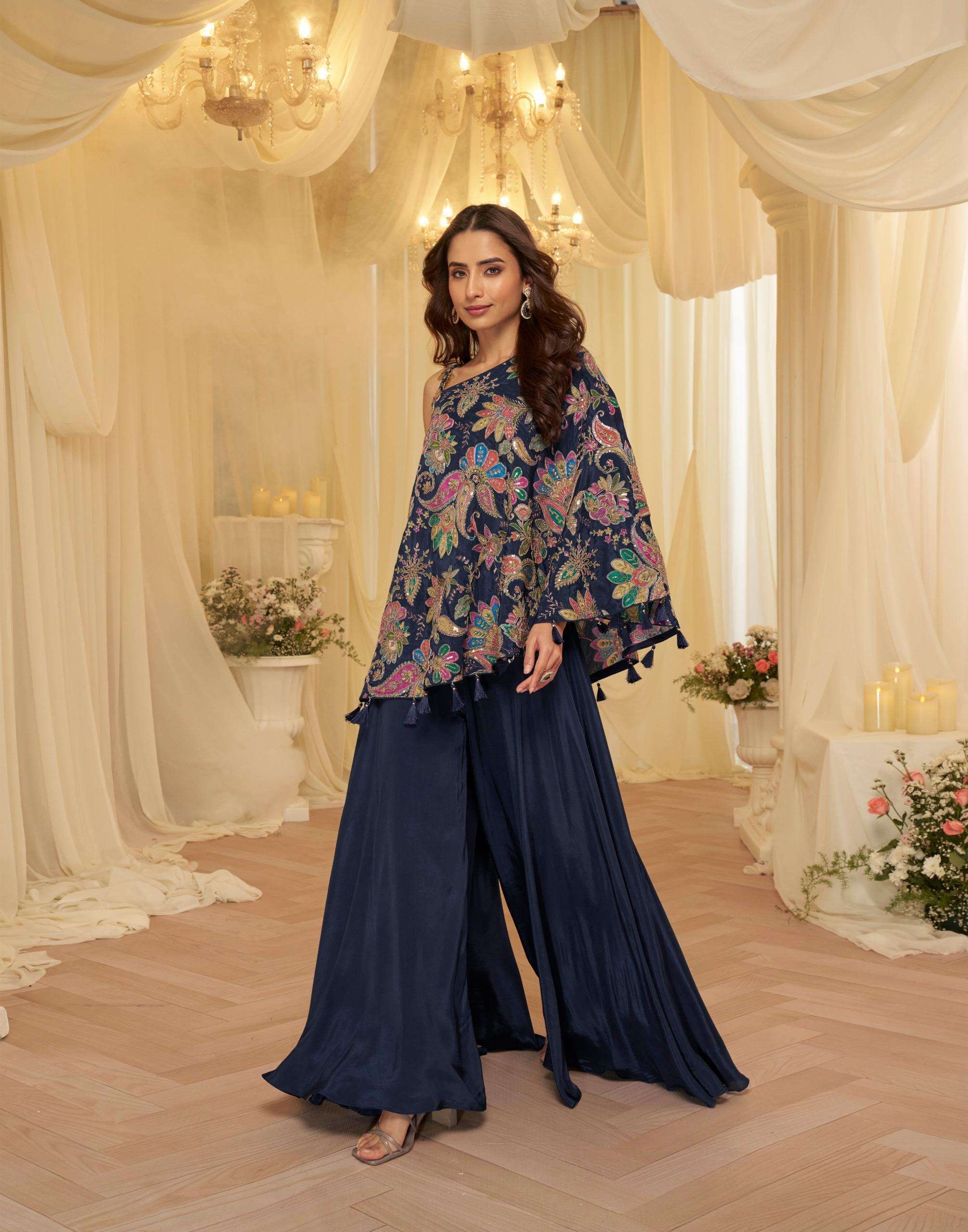 DESIGNER WEDDING PARTY WEAR PREMIUM VISCOS NATURAL CREP BLUE SHARARA SALWAR SUIT TAMANNA 10287