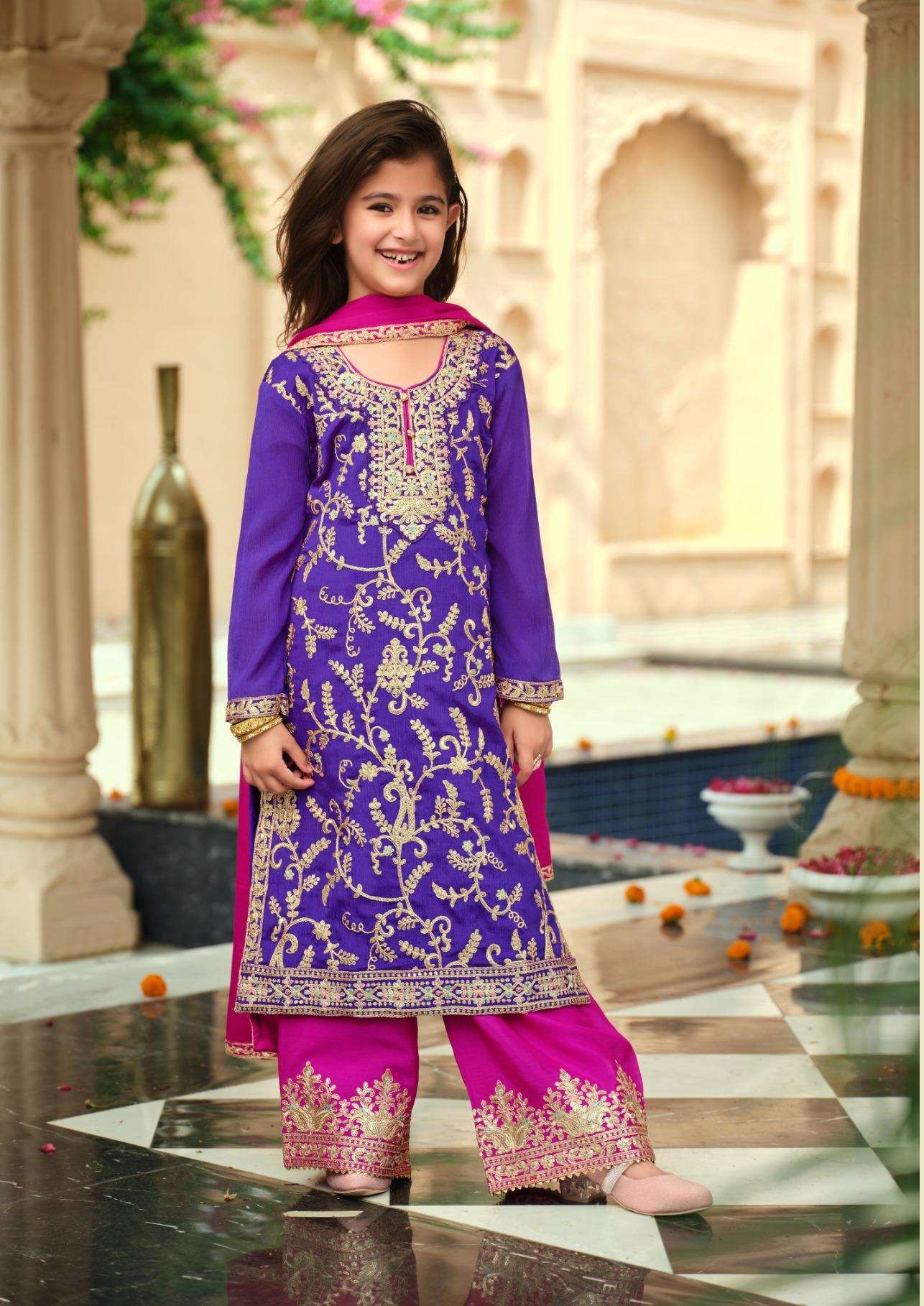 DESIGNER WEDDING PARTY WEAR PURPLE RANI SHARARA SALWAR SUIT COLLECTION FOR BABY GIRLS IN CHINON EB CRIMSON 16