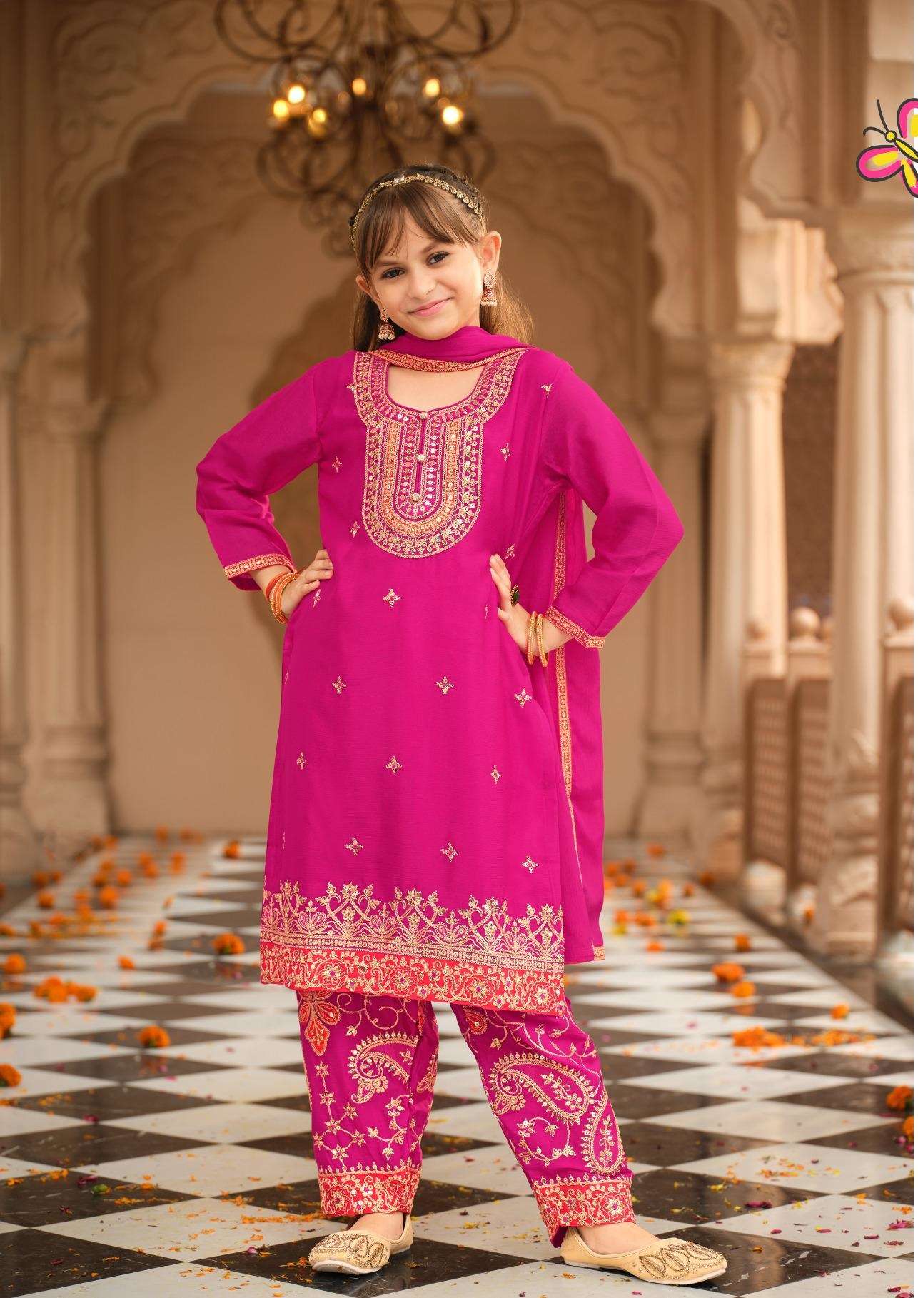 DESIGNER WEDDING PARTY WEAR RANI PINK SHARARA SALWAR SUIT COLLECTION FOR BABY GIRLS IN CHINON EB DREMY 1